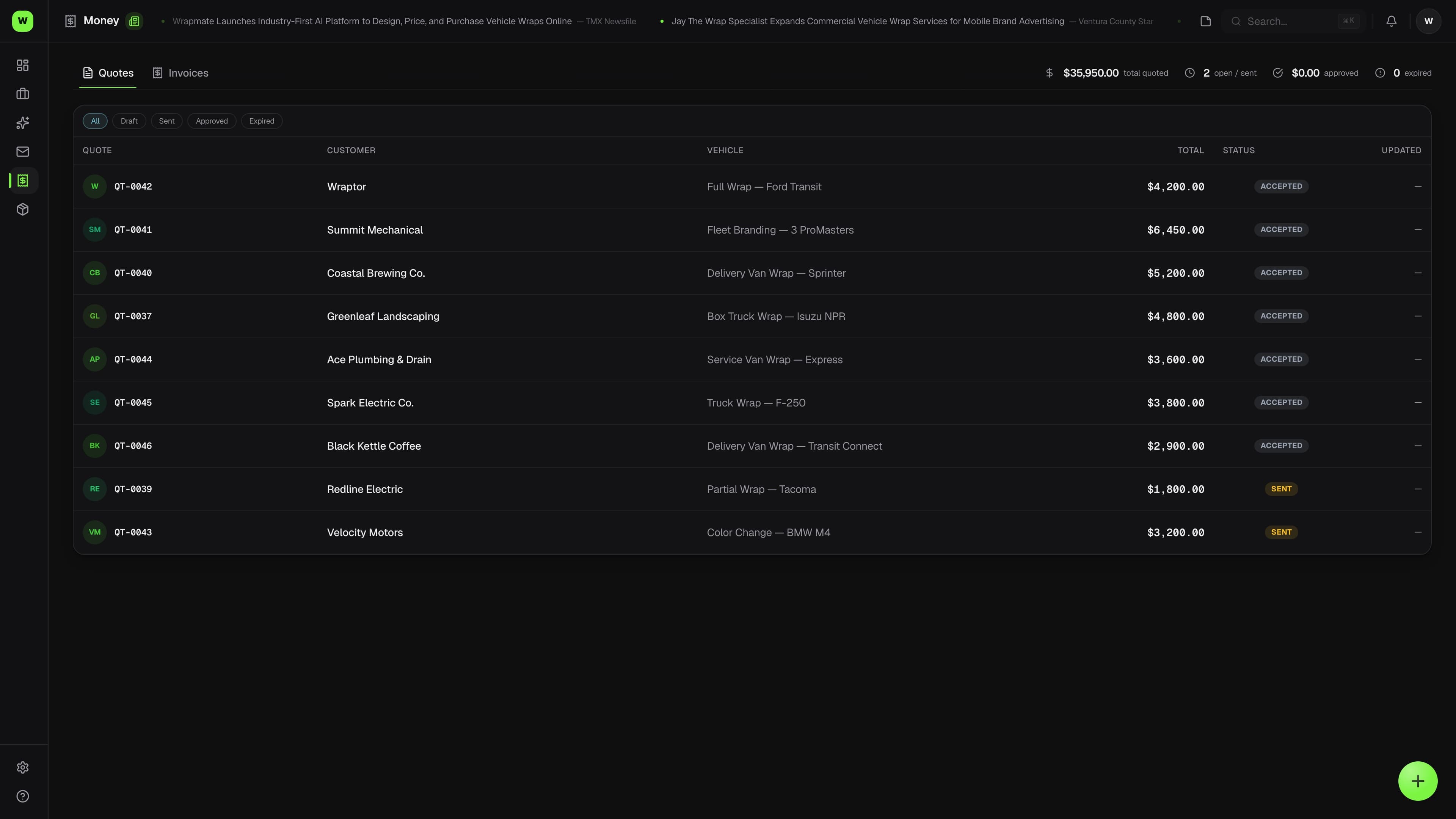 Wraptor invoicing screen showing a one-click invoice with payment link and balance summary (dark mode)