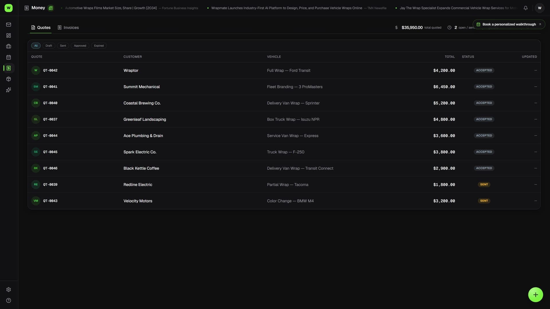 Wraptor invoicing screen showing a one-click invoice with payment link and balance summary (dark mode)