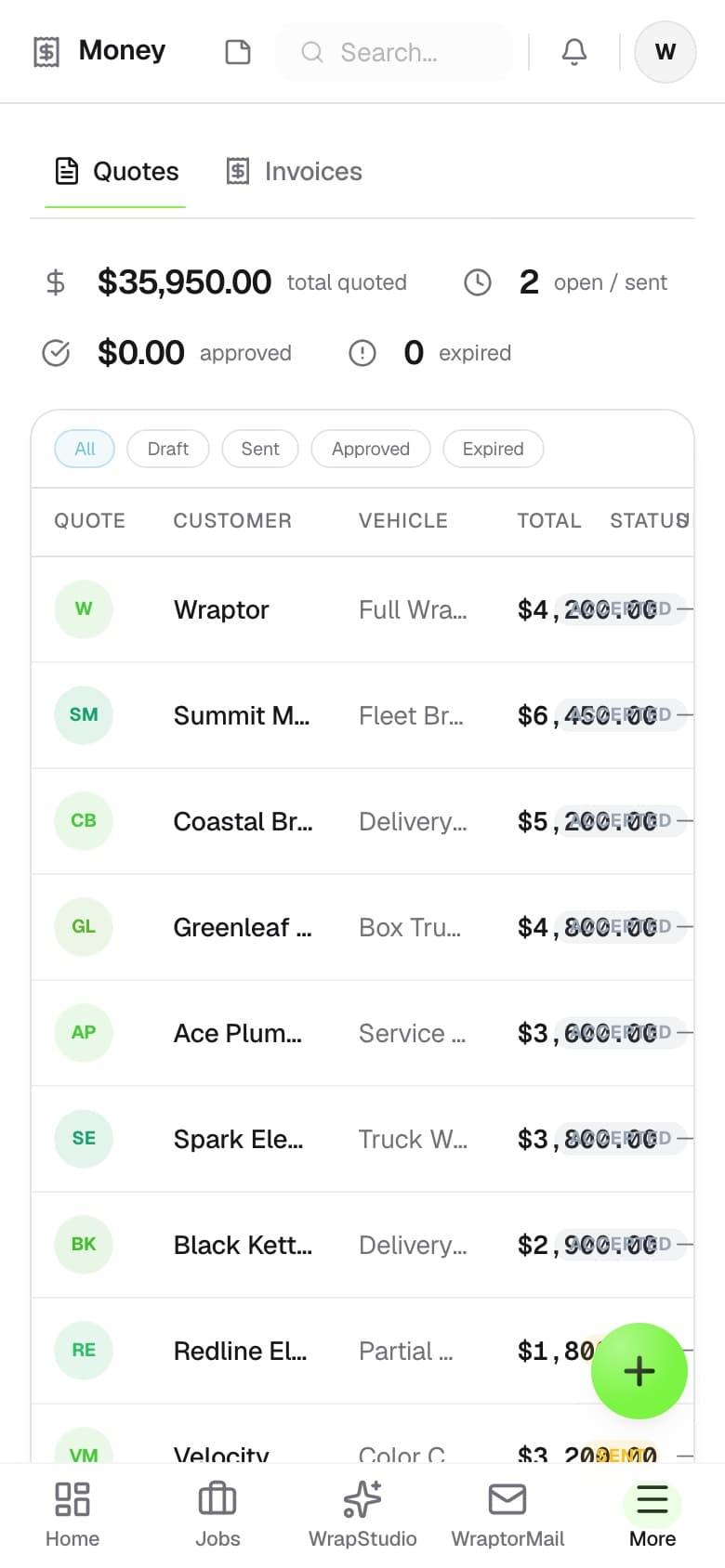 Wraptor invoicing screen showing a one-click invoice with payment link and balance summary (mobile)