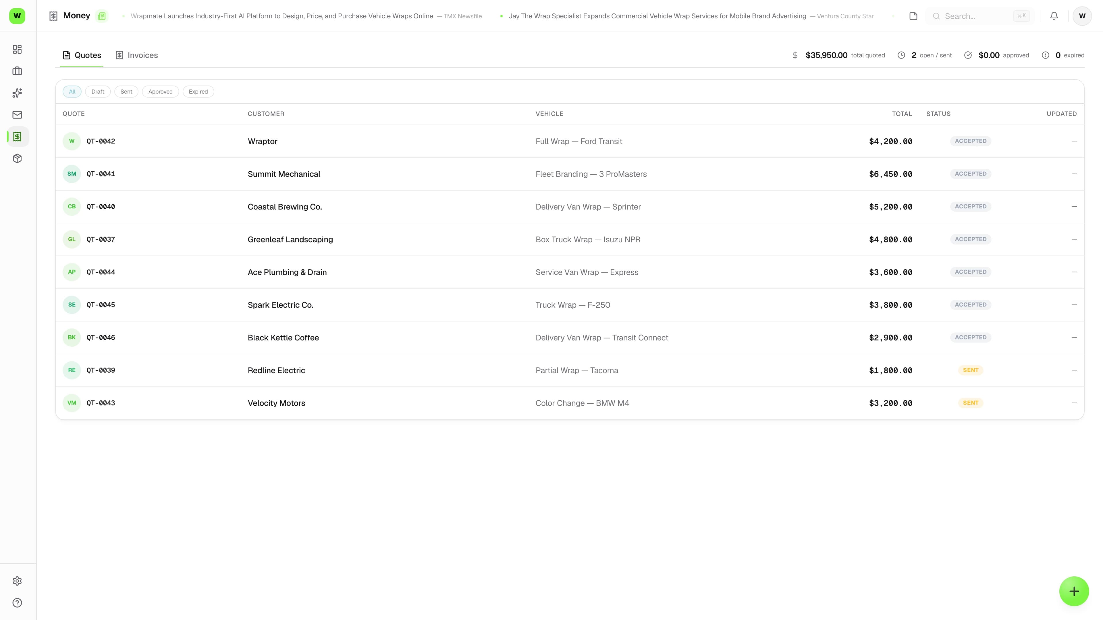 Wraptor invoicing screen showing a one-click invoice with payment link and balance summary