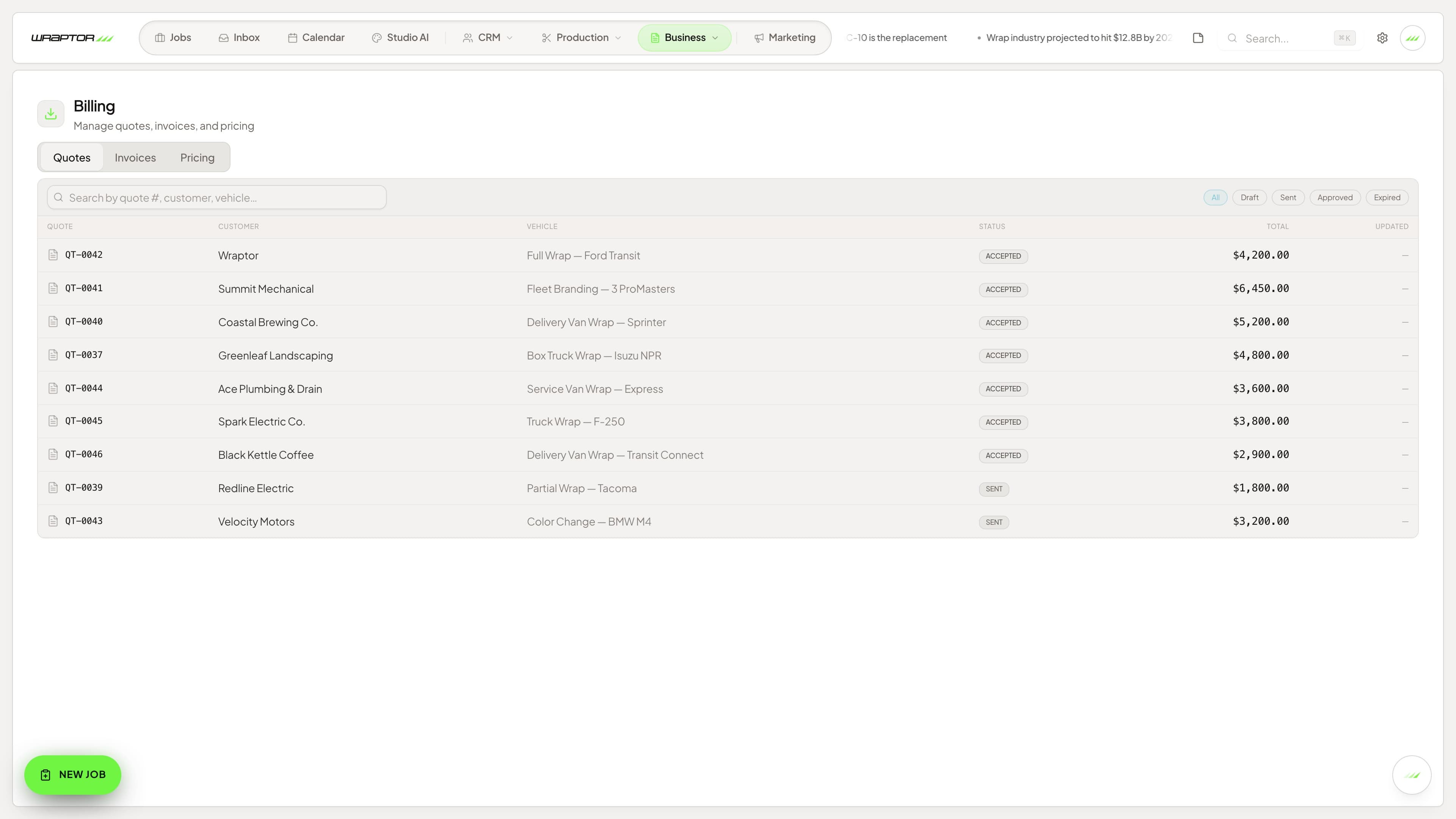 Wraptor quote builder with itemized materials, labor, tax, and an approve button