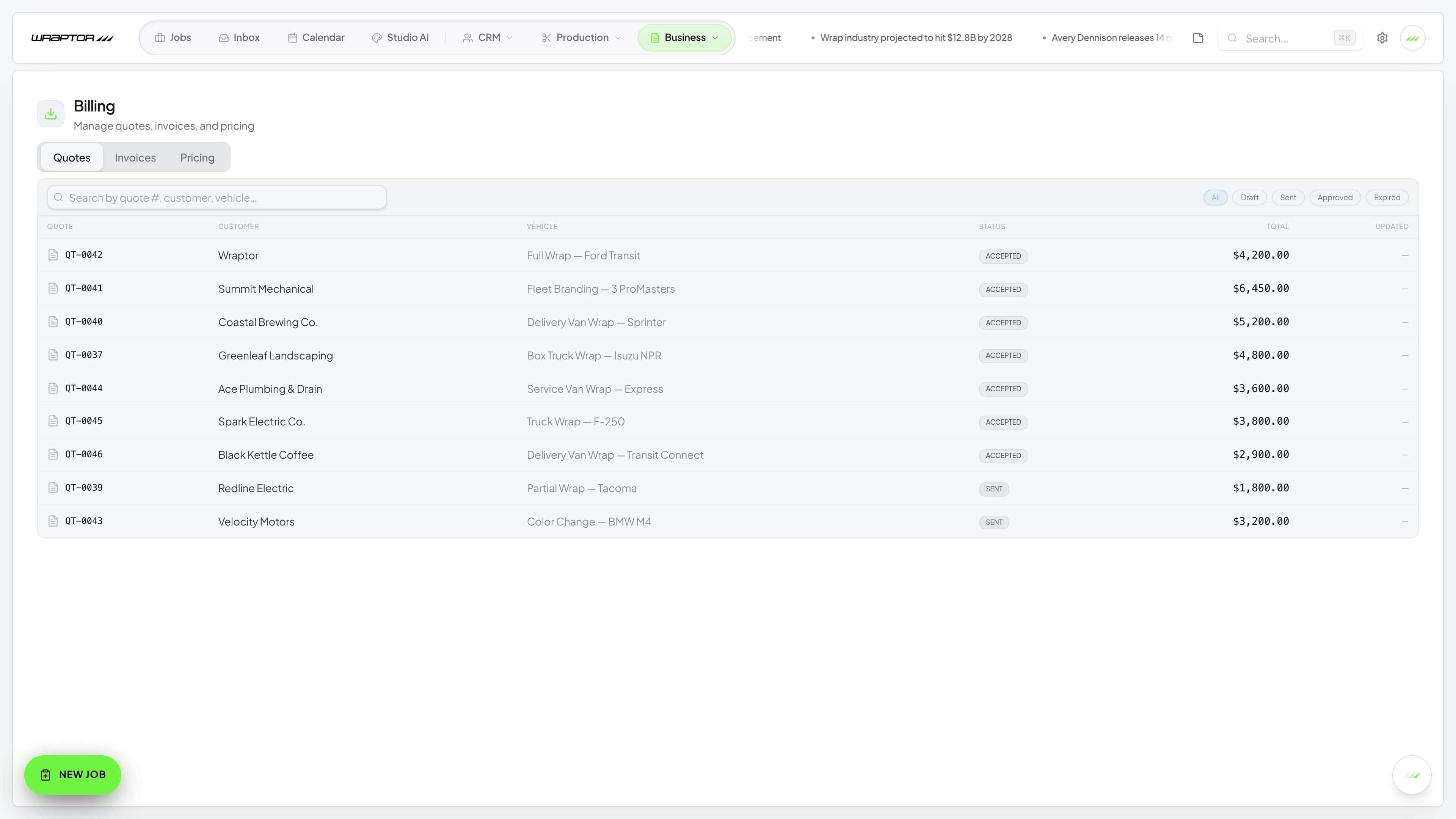 Wraptor billing view showing invoices, quotes, and payment status