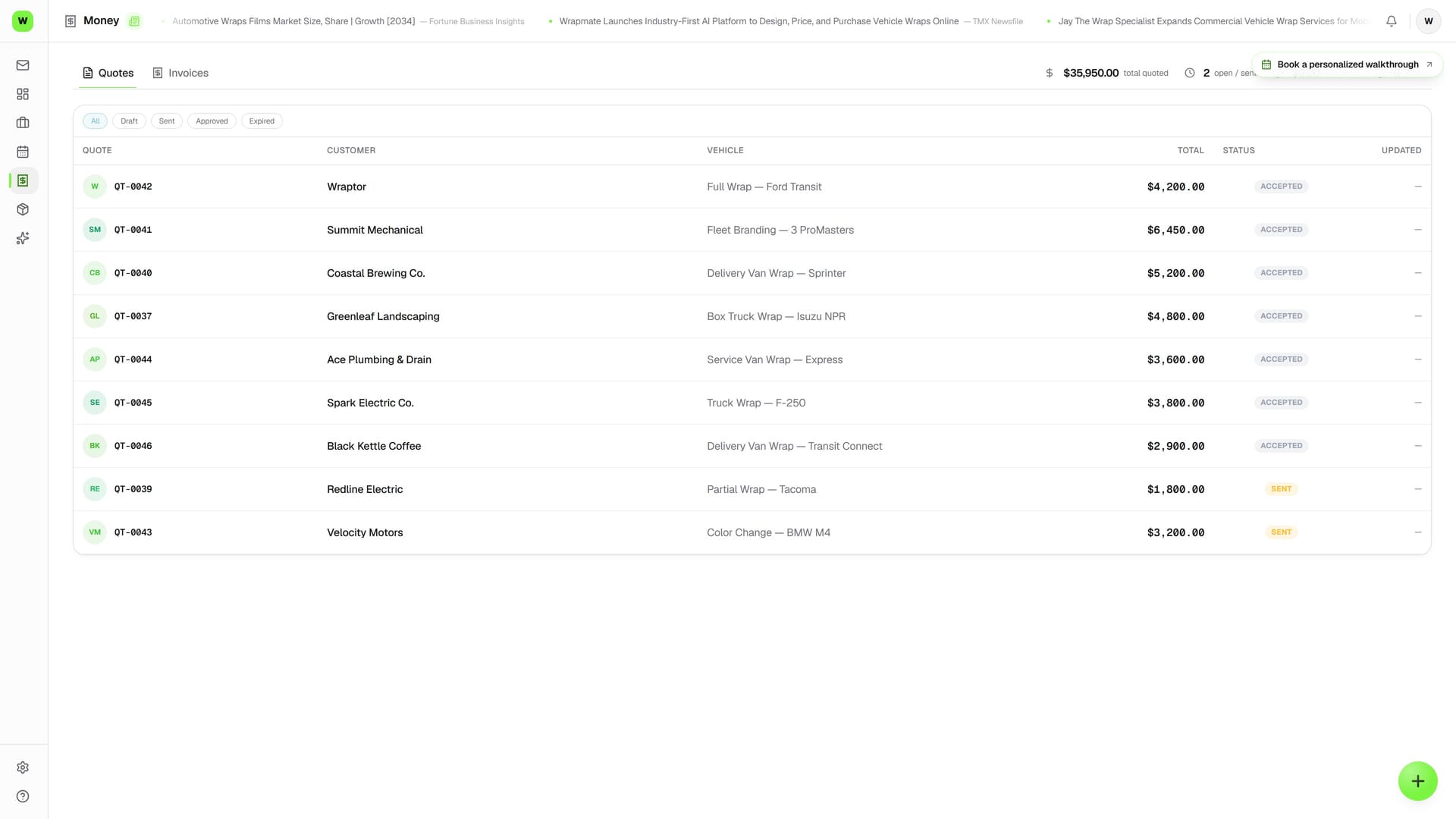 Accepted Wraptor quotes with totals, ready to invoice