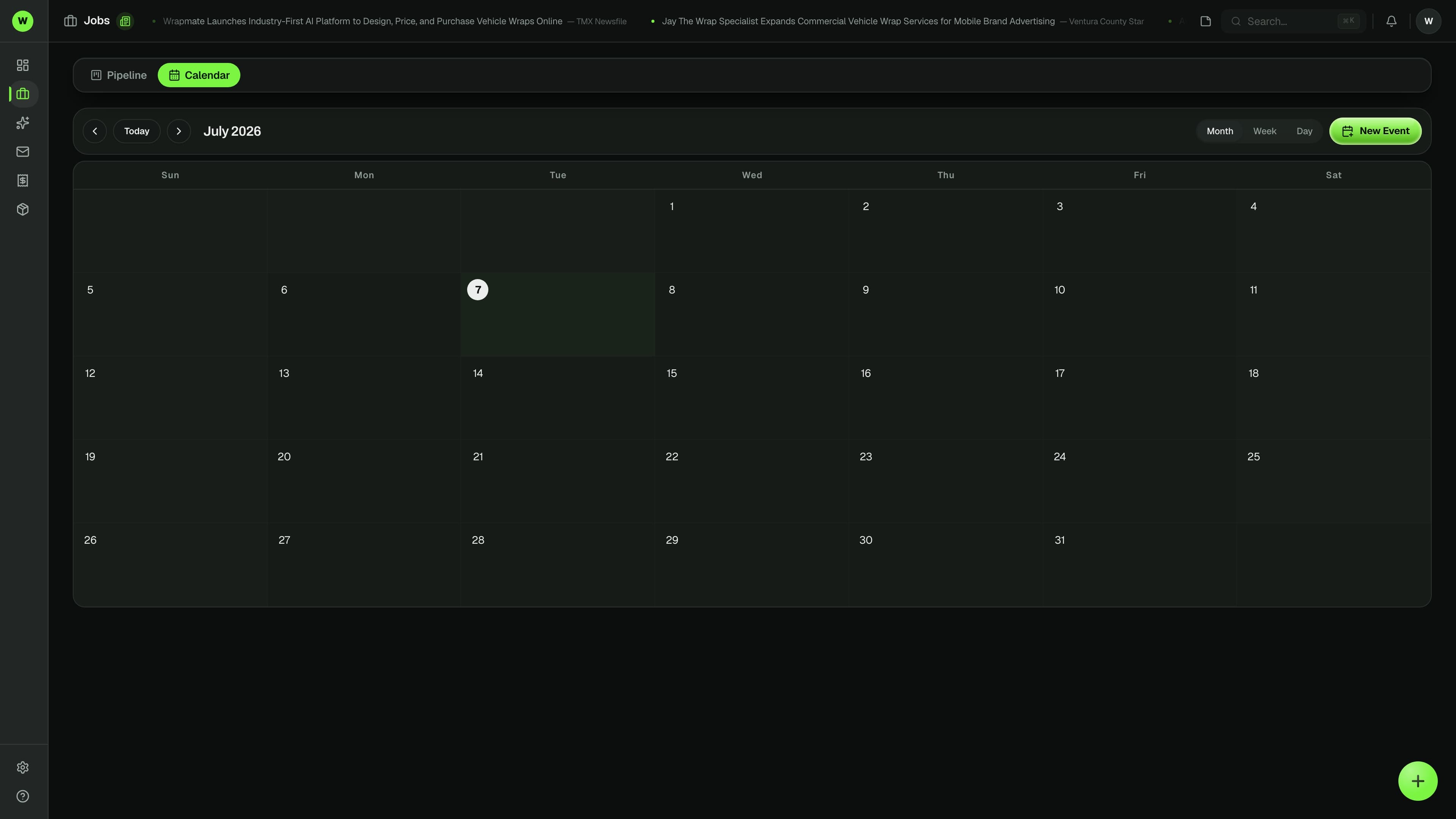 Wraptor install calendar showing bay lanes and installer assignments for the week (dark mode)