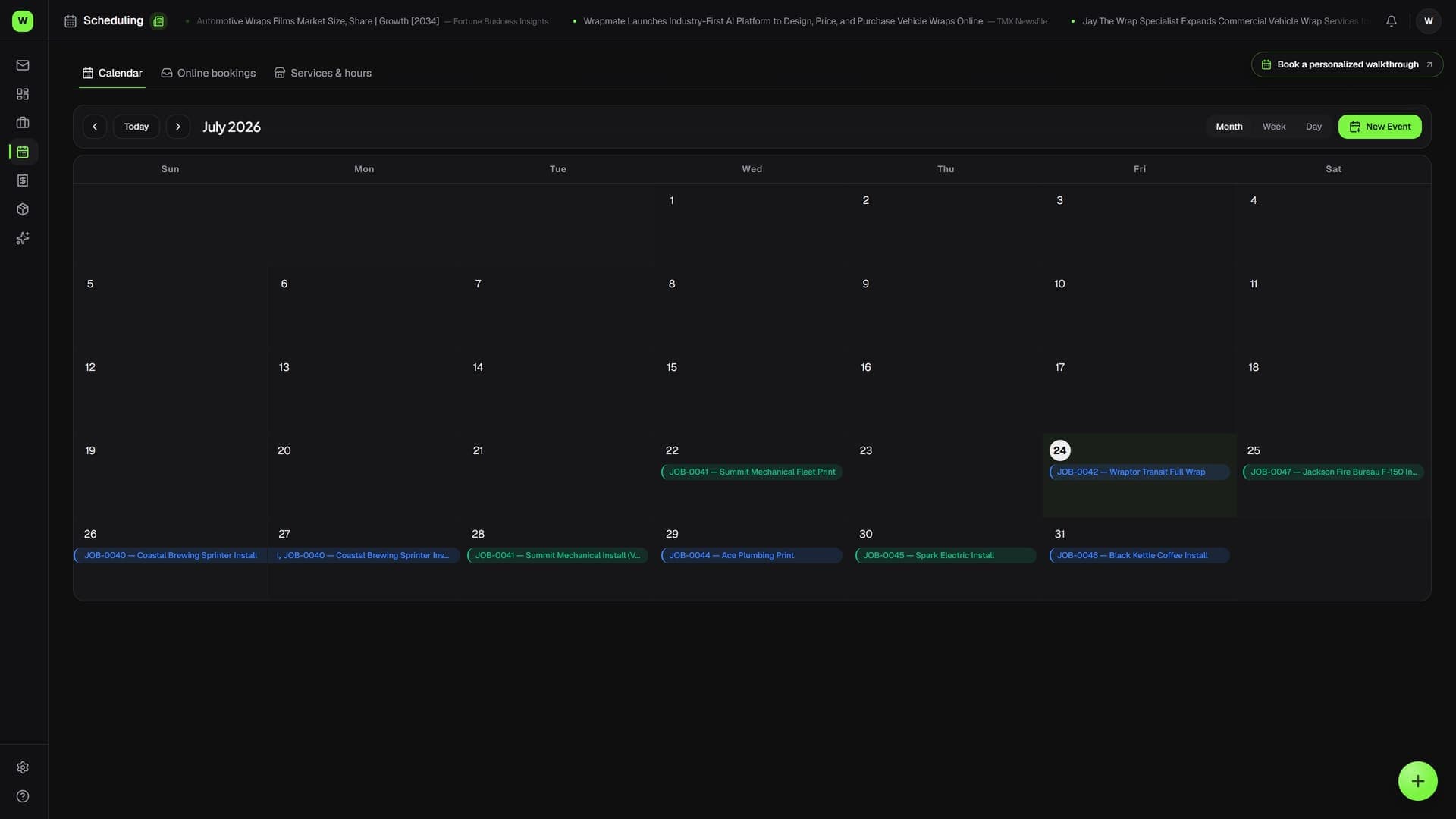 Wraptor install calendar showing bay lanes and installer assignments for the week (dark mode)
