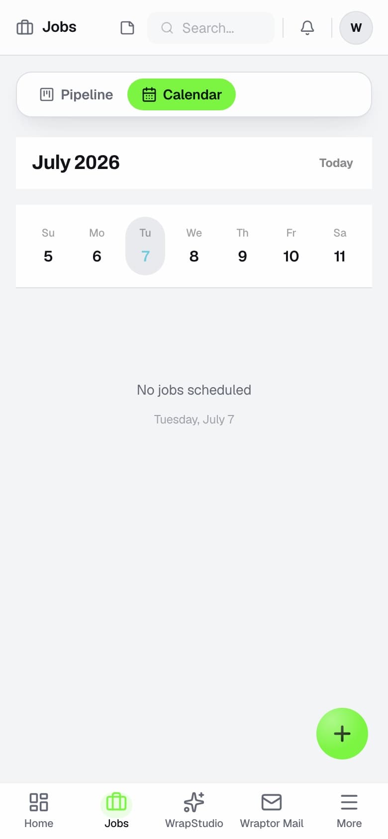 Wraptor install calendar showing bay lanes and installer assignments for the week (mobile)