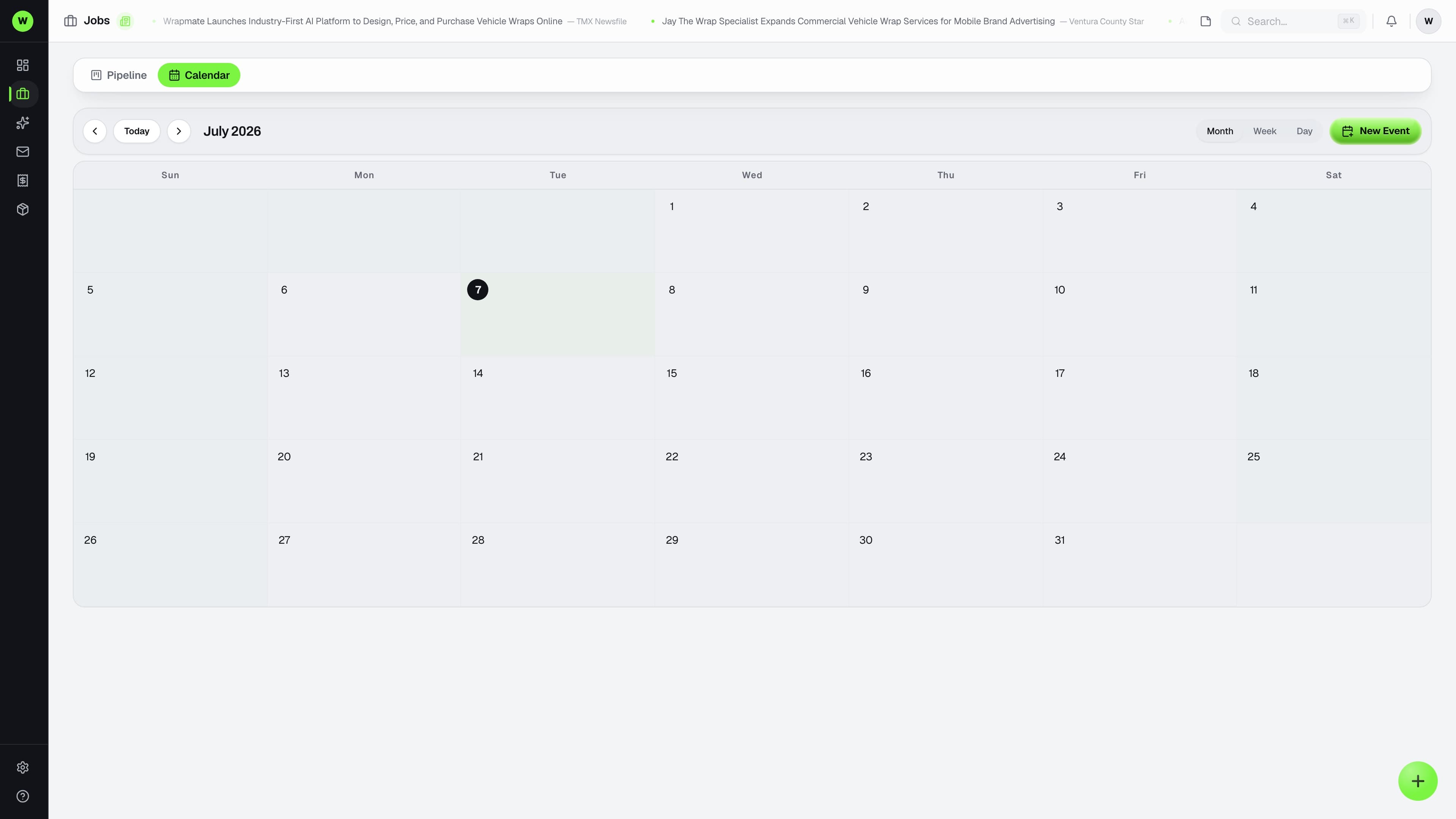 Wraptor install calendar showing bay lanes and installer assignments for the week