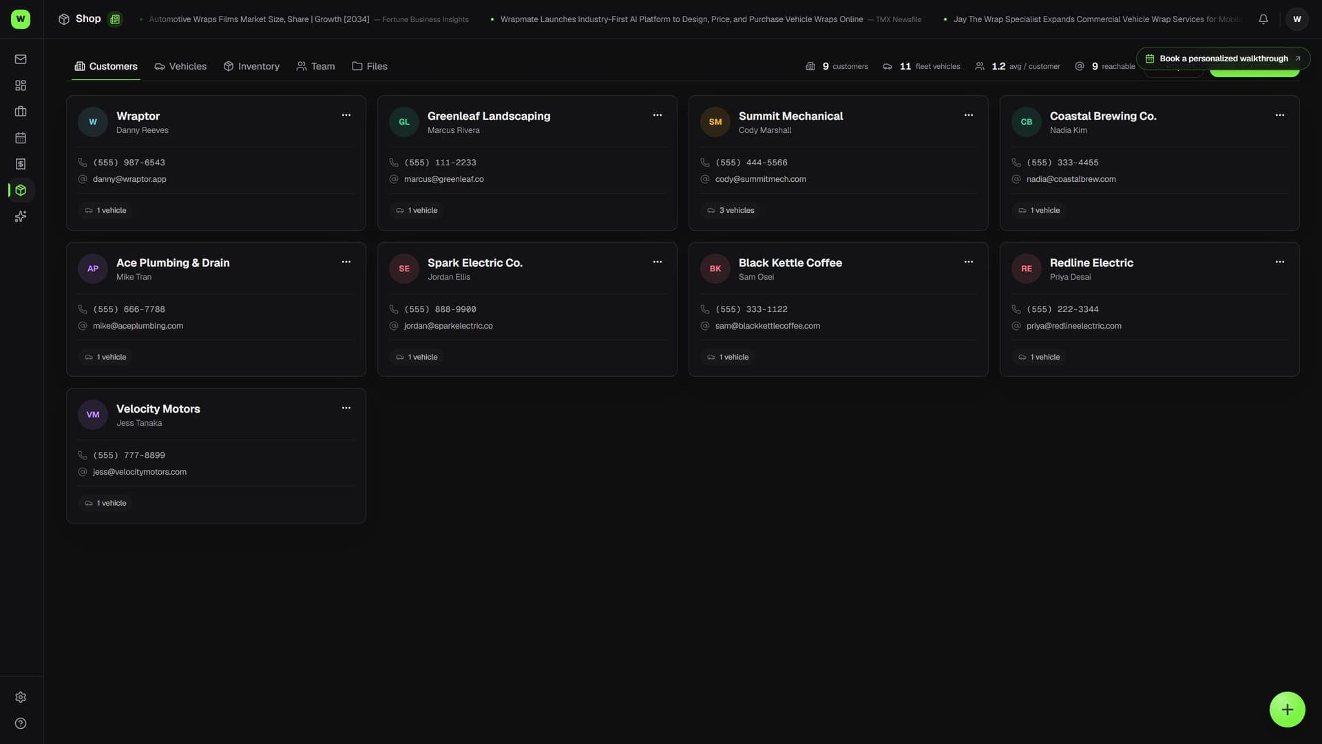 Wraptor fleet dashboard showing vehicle list with wrap status, completion percentage, and scheduled installs (dark mode)