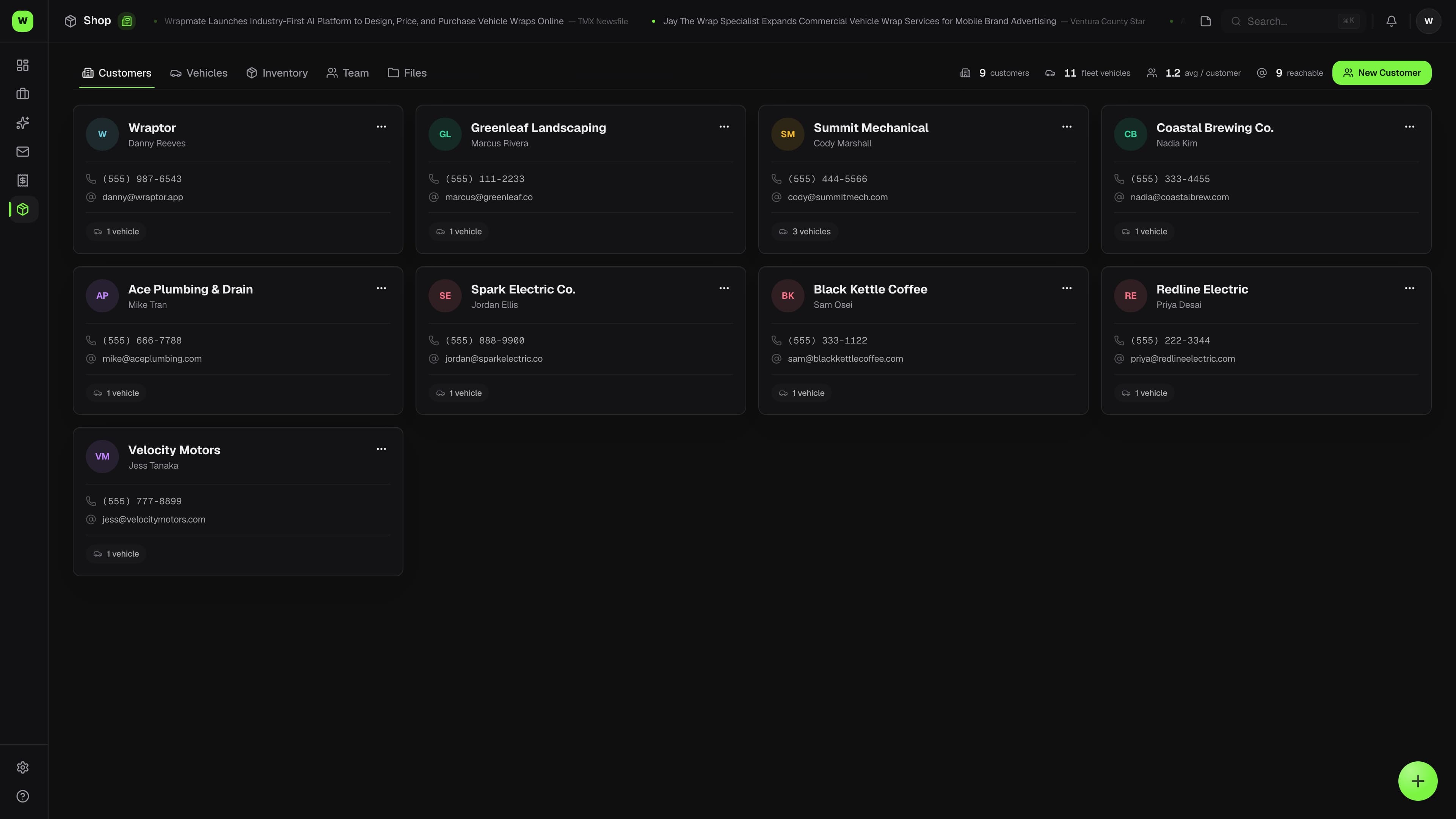 Wraptor vehicle profile showing dimensions, VIN, and the list of jobs for that vehicle (dark mode)