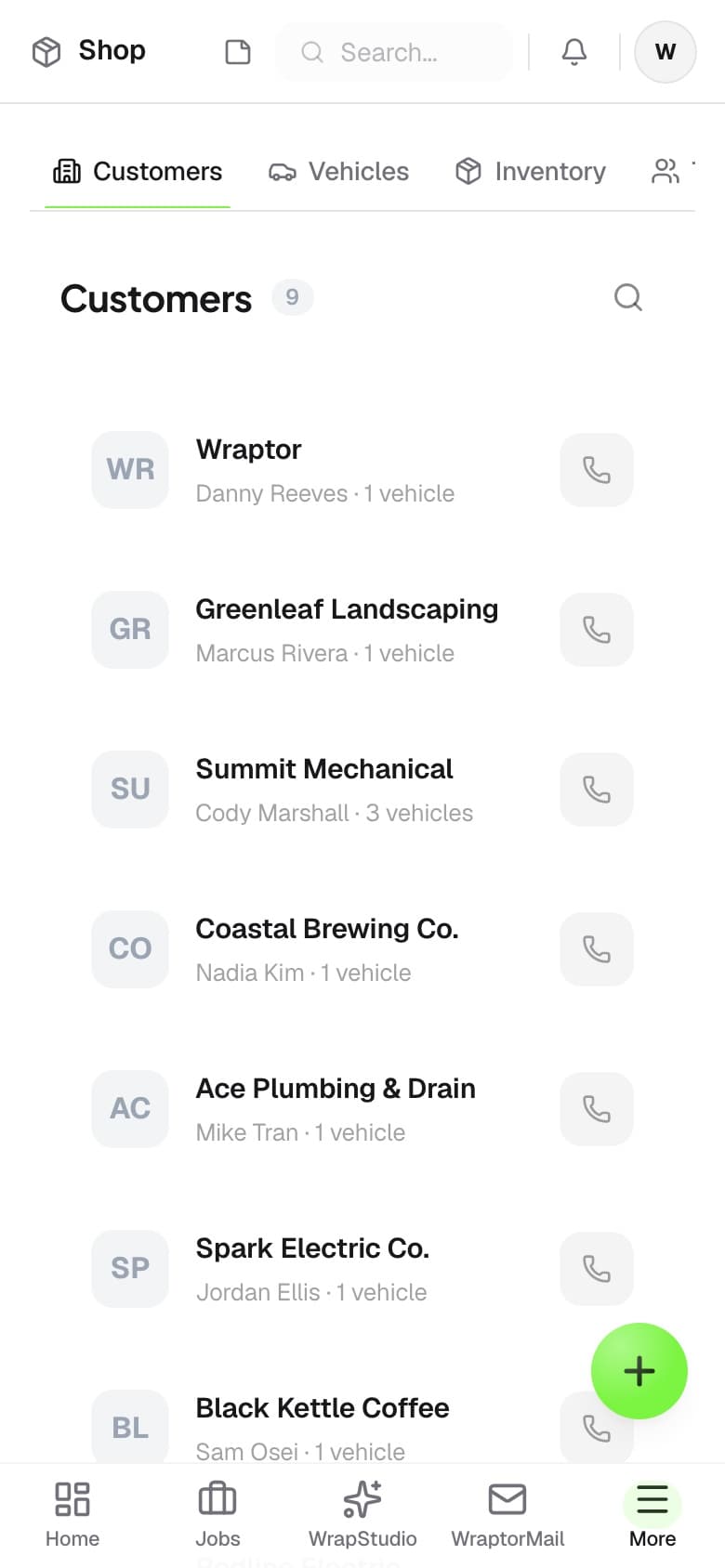 Wraptor vehicle profile showing dimensions, VIN, and the list of jobs for that vehicle (mobile)