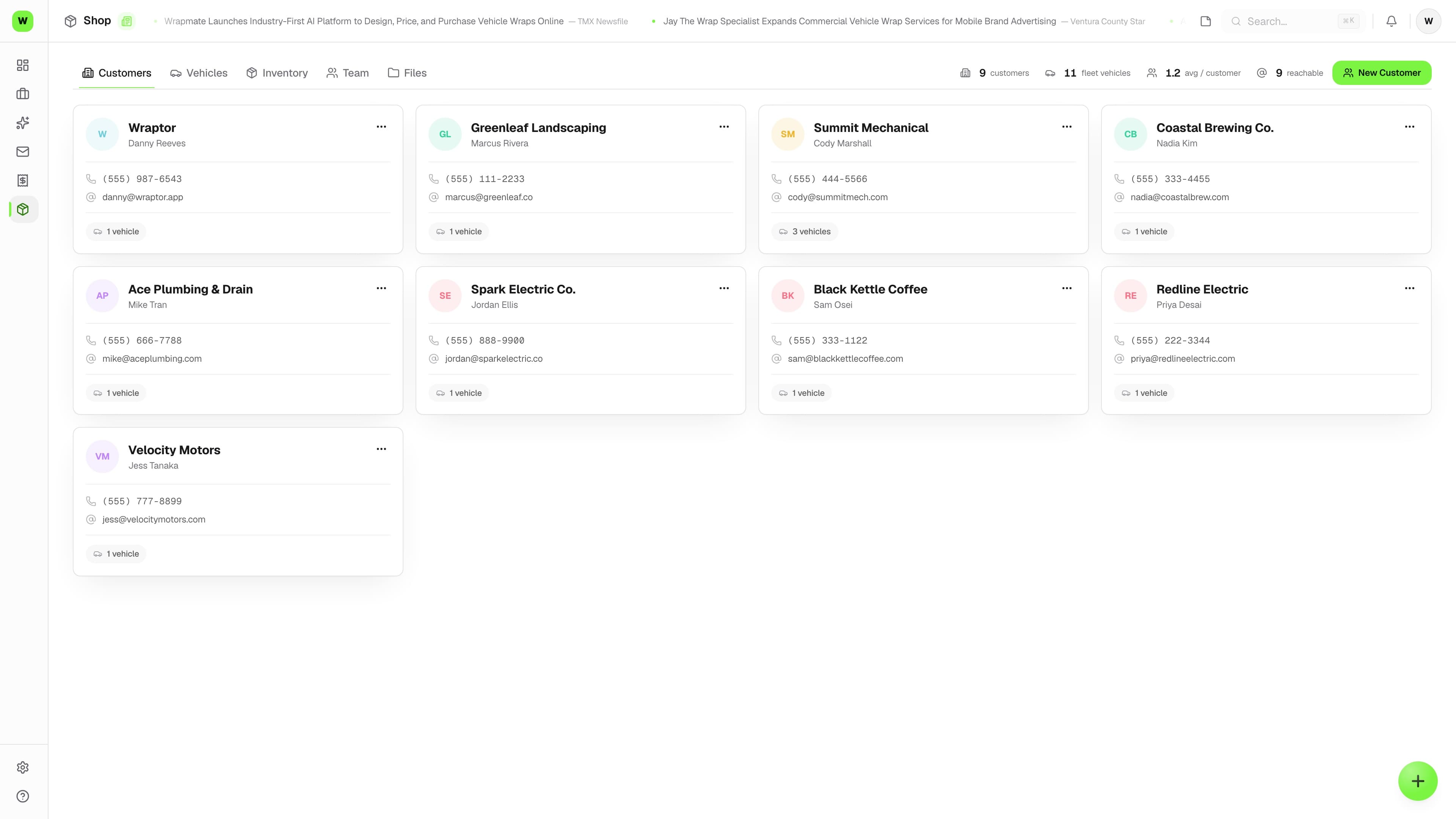 Wraptor CRM showing a customer profile with vehicle list, job history, and communication log