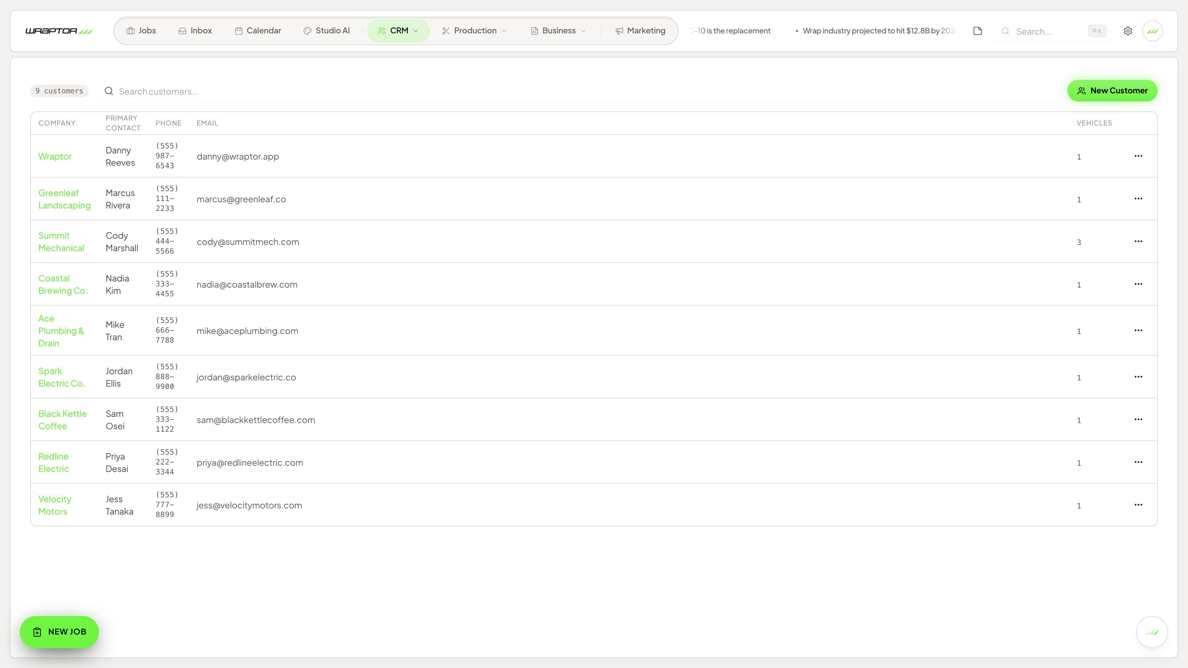 Wraptor vehicle profile showing dimensions, VIN, and the list of jobs for that vehicle