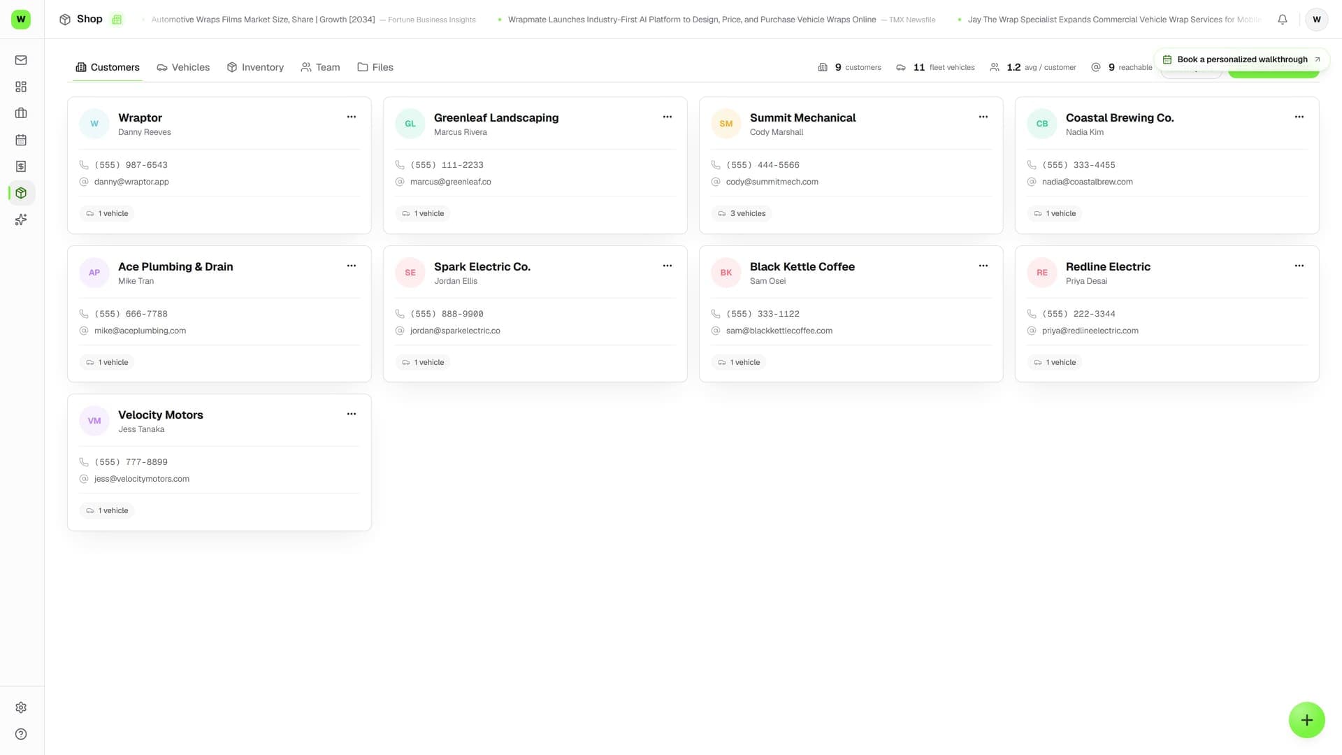 Wraptor fleet dashboard showing vehicle list with wrap status, completion percentage, and scheduled installs
