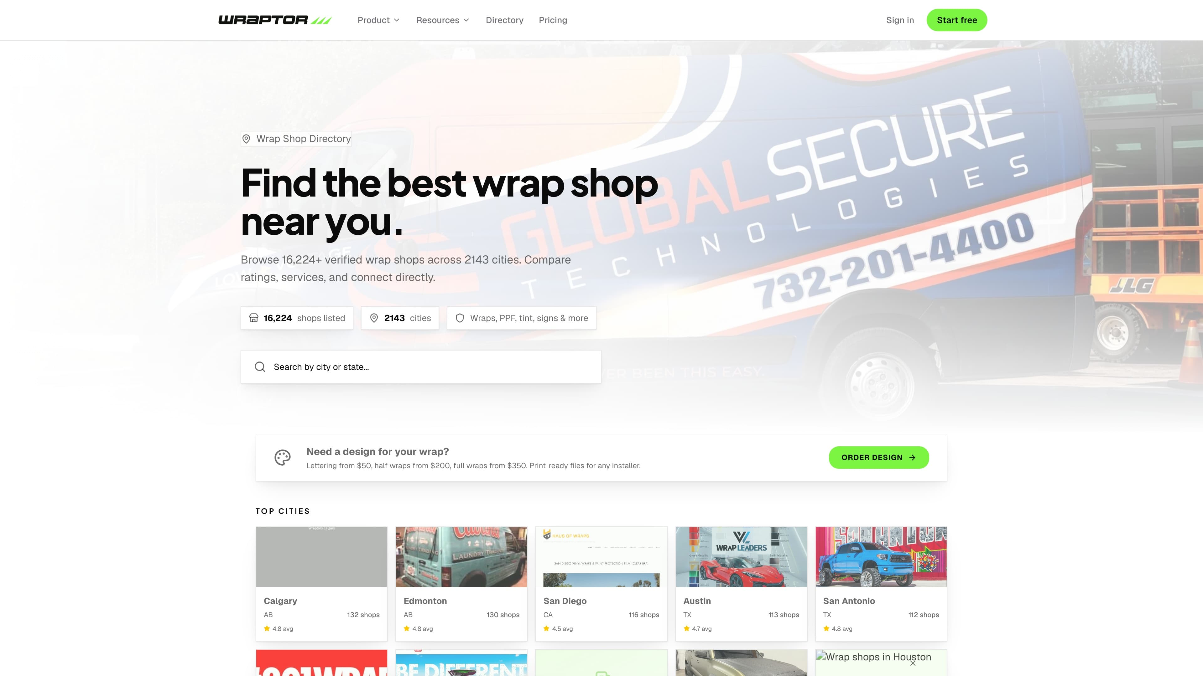 The Wraptor shop directory homepage with search, listed-shop and city stats, and top cities