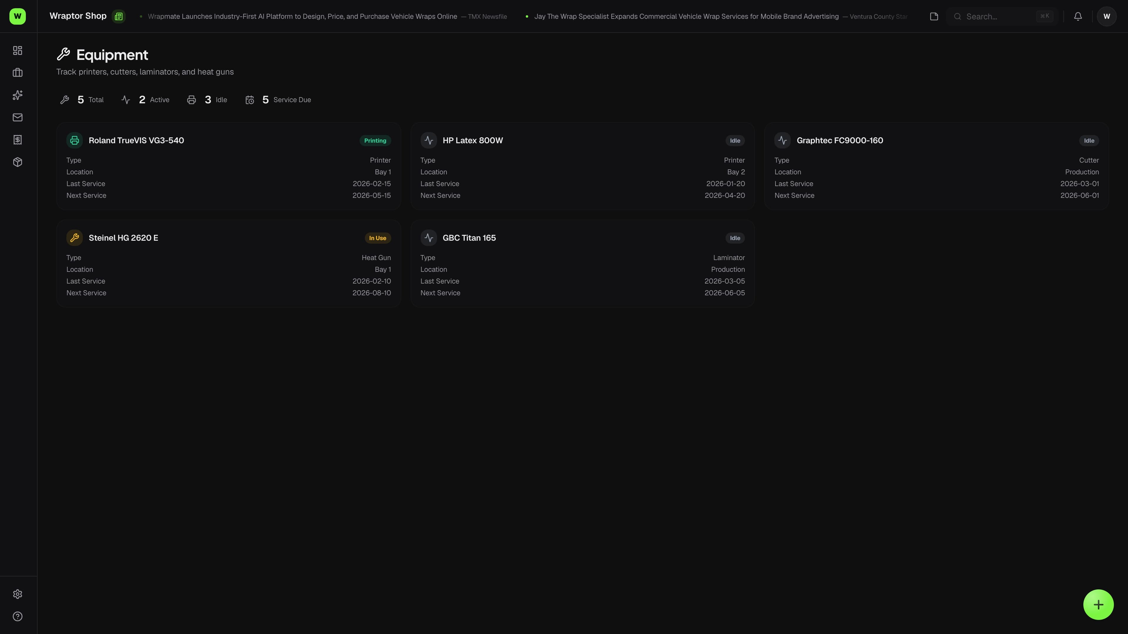 Wraptor Equipment hub showing machines, tools, and a maintenance schedule with next-due dates (dark mode)