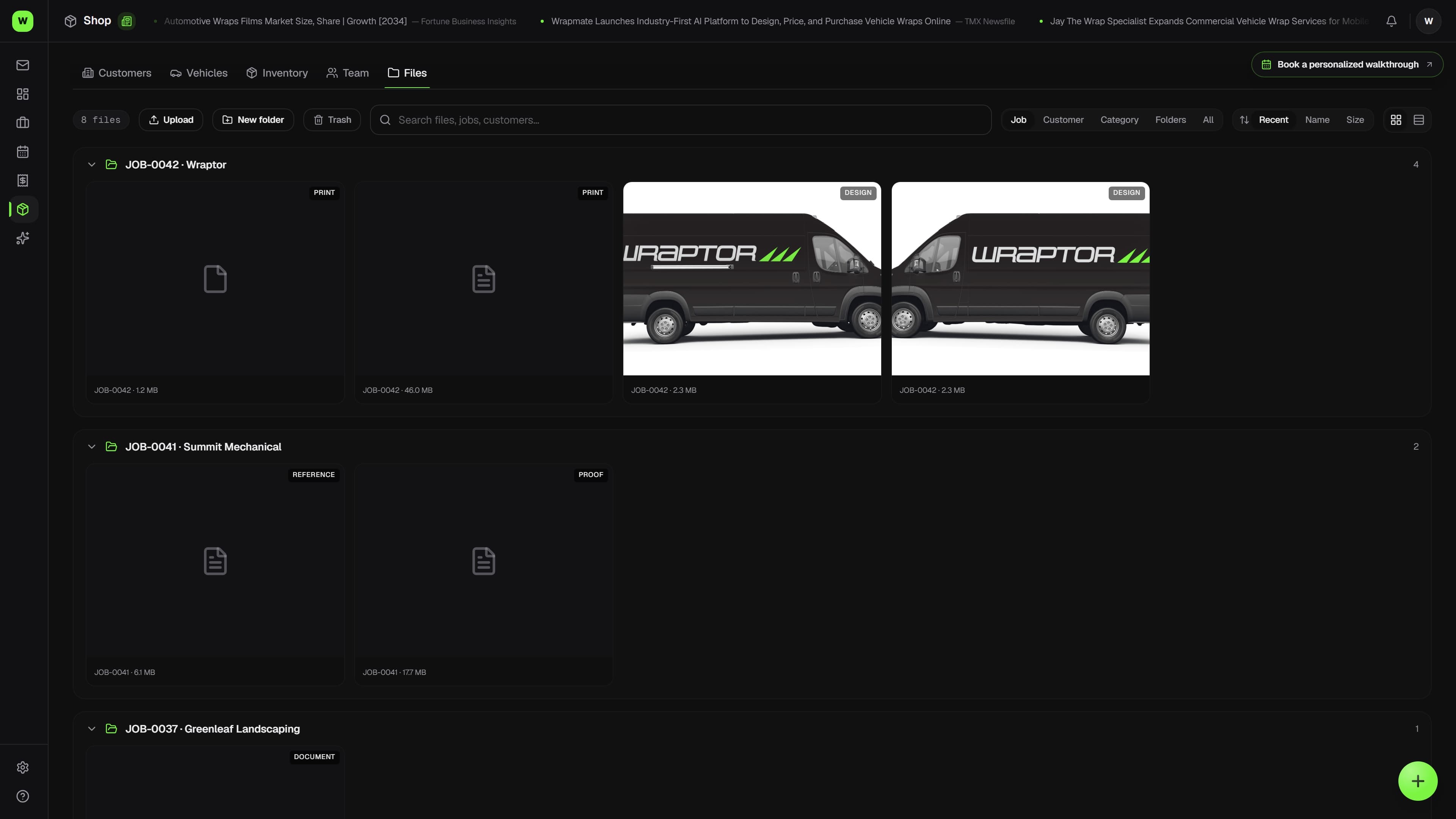 Wraptor Handbook showing folders of shop SOPs and install guides with a rich-text page open (dark mode)