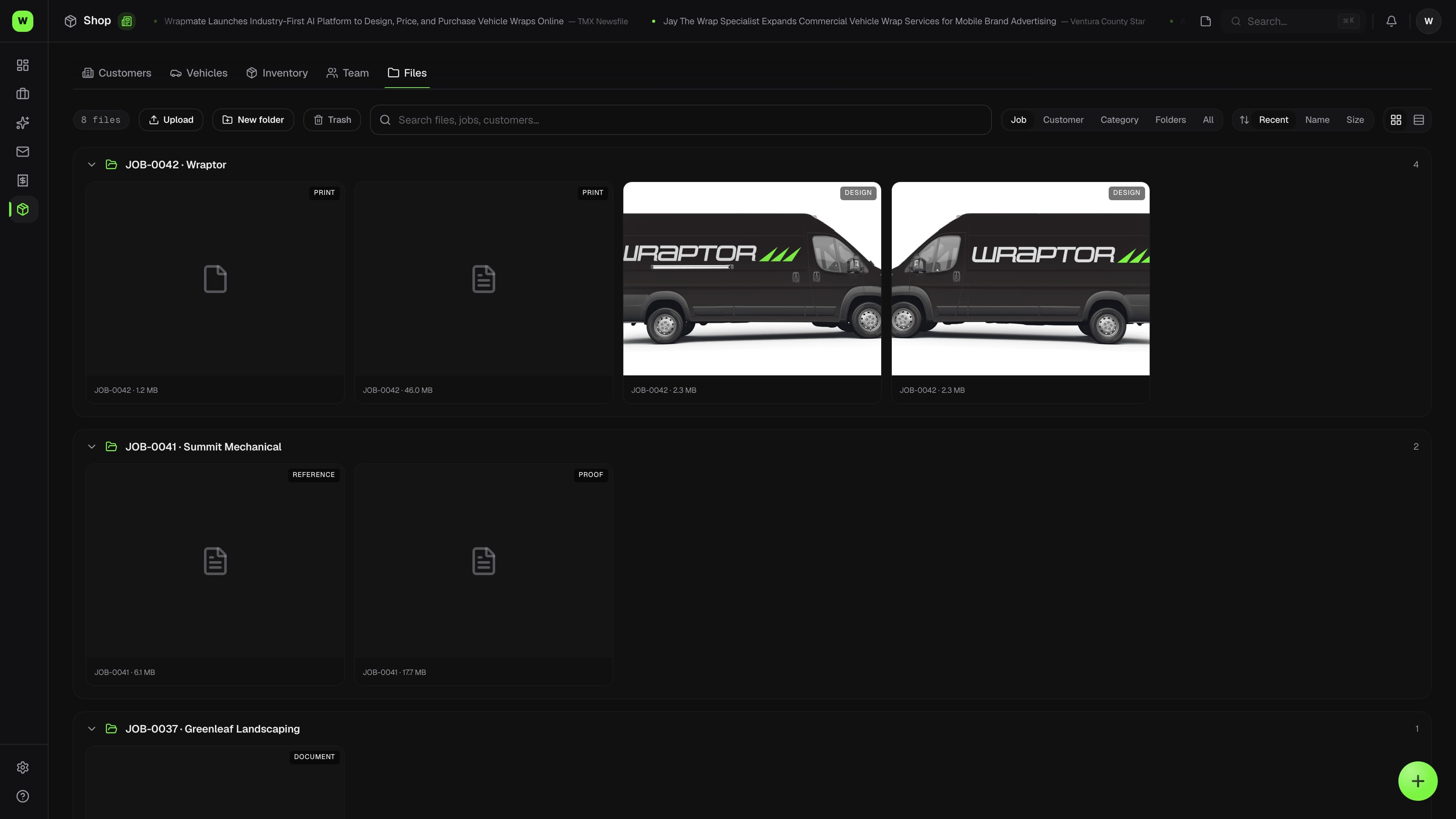 Wraptor Files browser listing files across jobs with type icons, customer, job number, and search (dark mode)