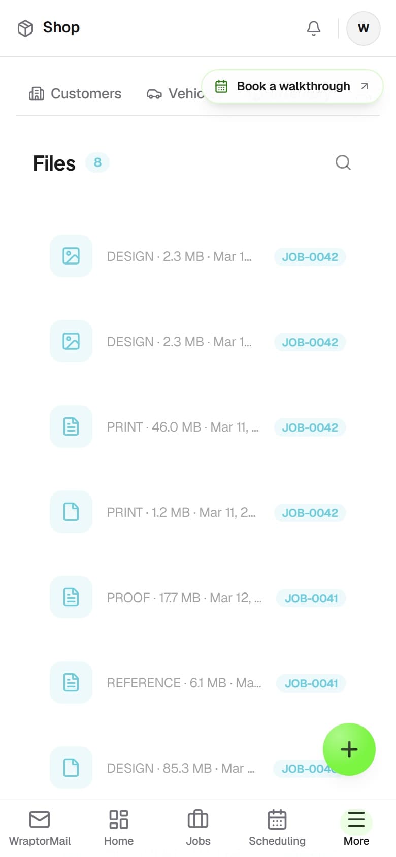 Wraptor Handbook showing folders of shop SOPs and install guides with a rich-text page open (mobile)