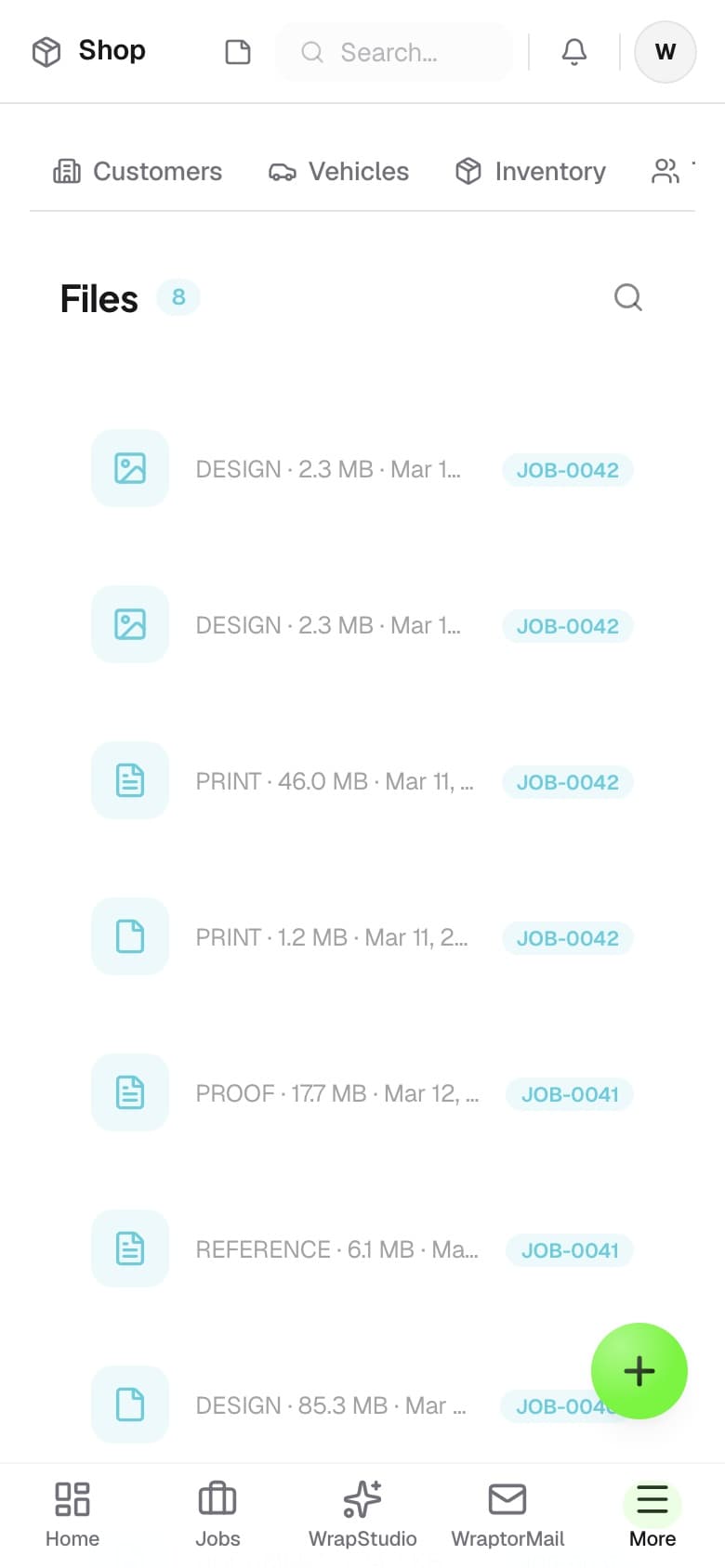 Wraptor Files browser listing files across jobs with type icons, customer, job number, and search (mobile)