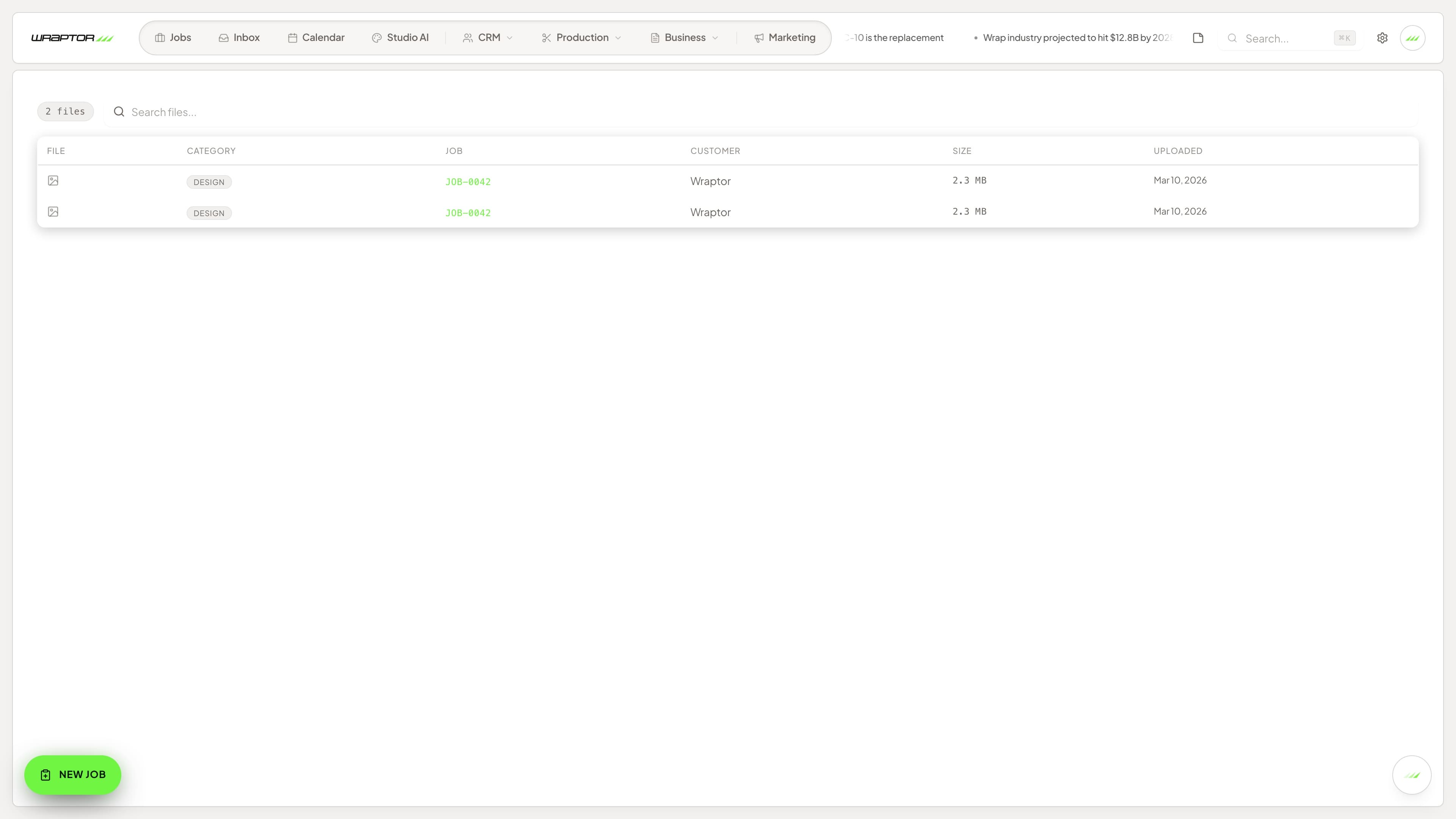 Wraptor Files browser listing files across jobs with type icons, customer, job number, and search