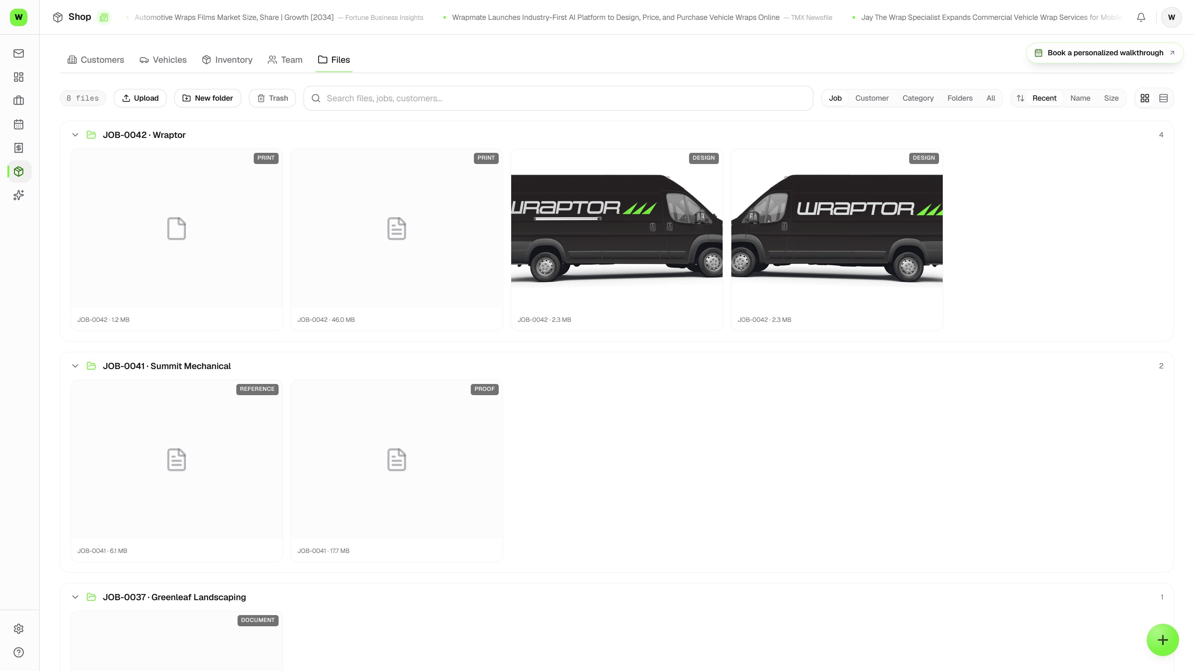 Wraptor Handbook showing folders of shop SOPs and install guides with a rich-text page open