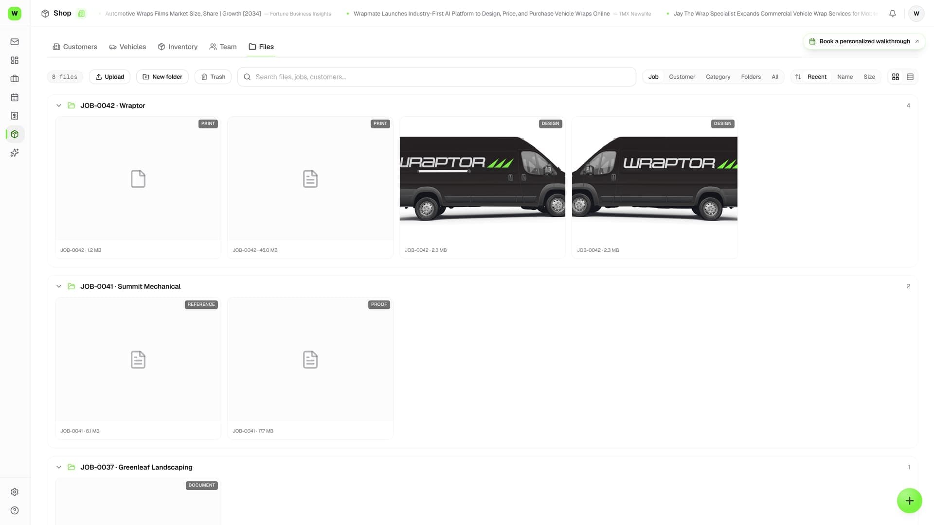 Wraptor Files browser listing files across jobs with type icons, customer, job number, and search