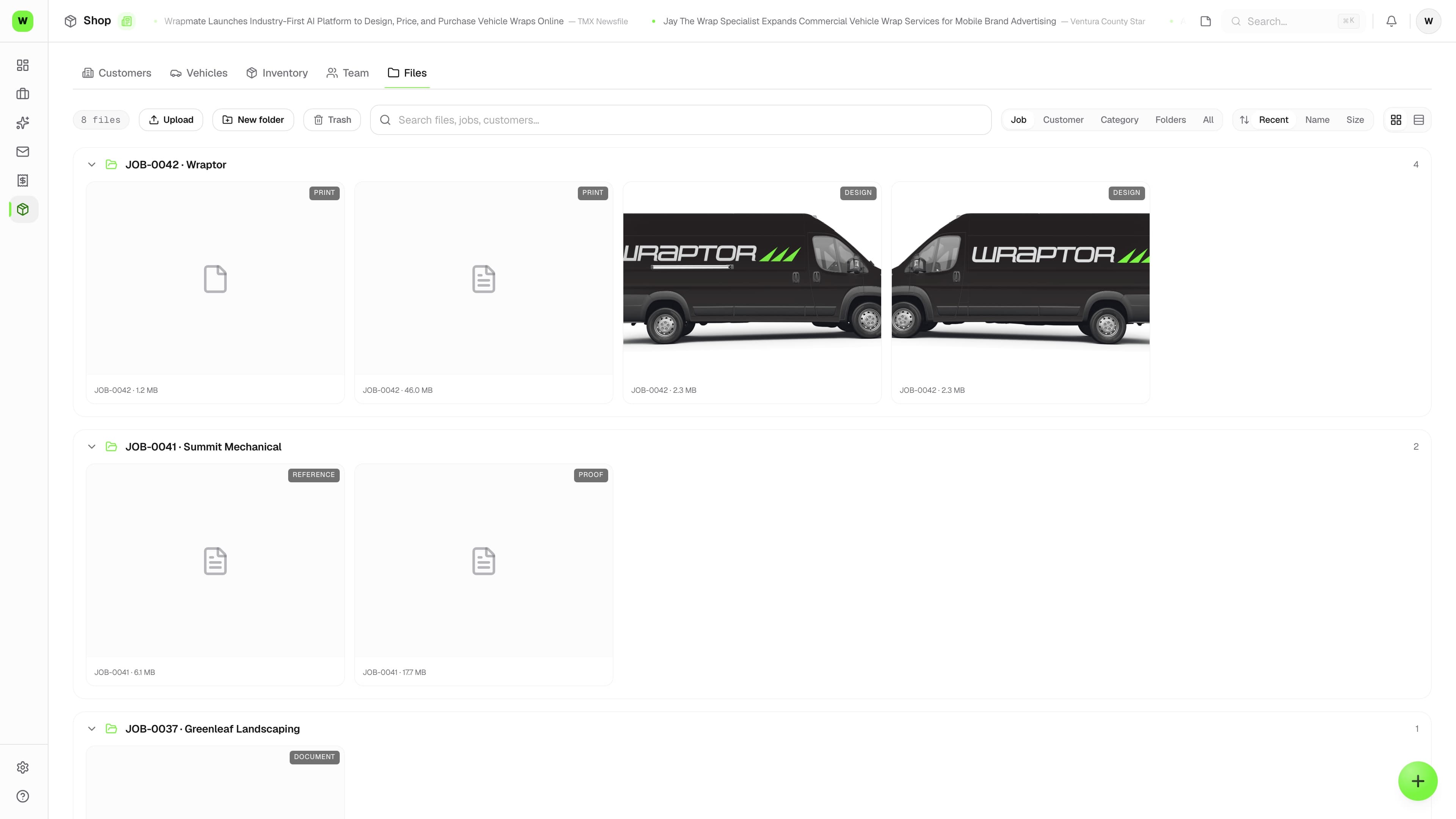 Wraptor Files browser listing files across jobs with type icons, customer, job number, and search