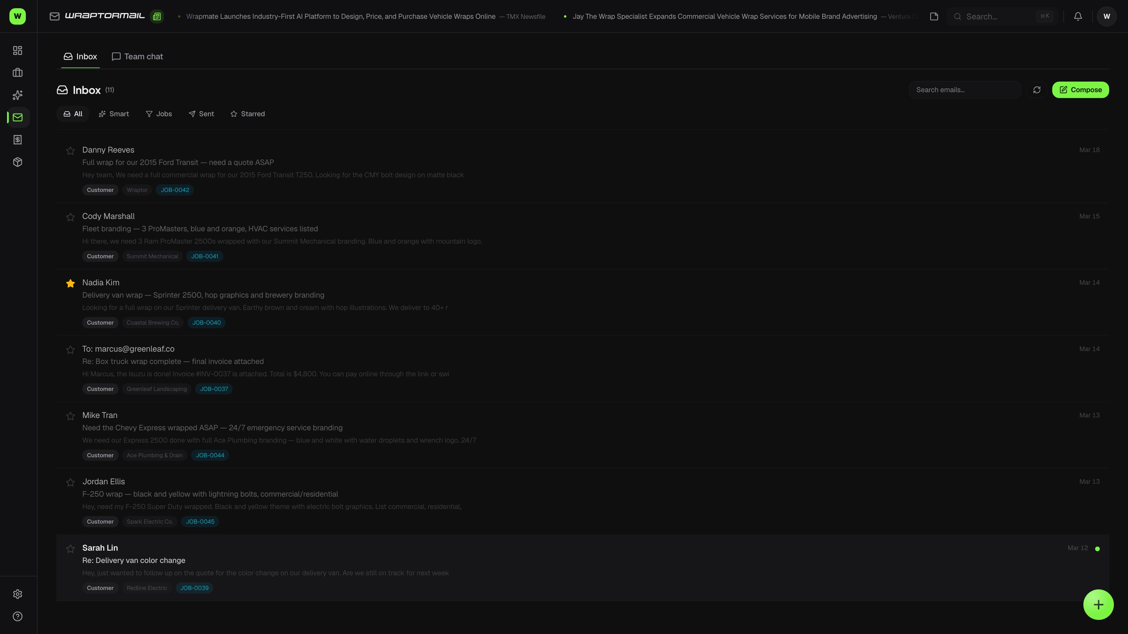 WraptorMail shared inbox showing AI-tagged emails for a fleet inquiry, customer reply, and vendor shipment (dark mode)