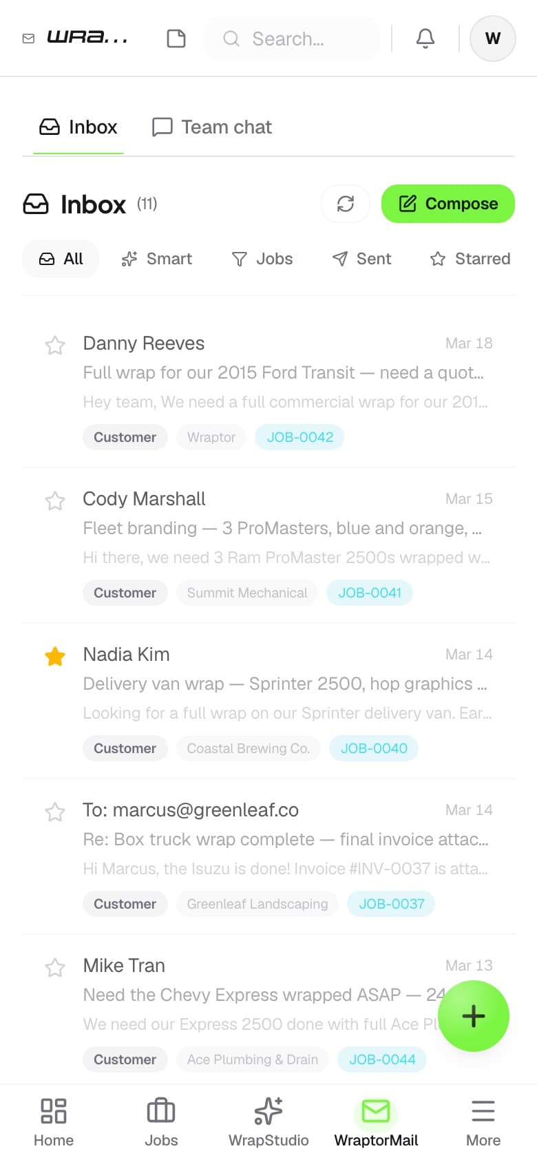 WraptorMail shared inbox showing AI-tagged emails for a fleet inquiry, customer reply, and vendor shipment (mobile)