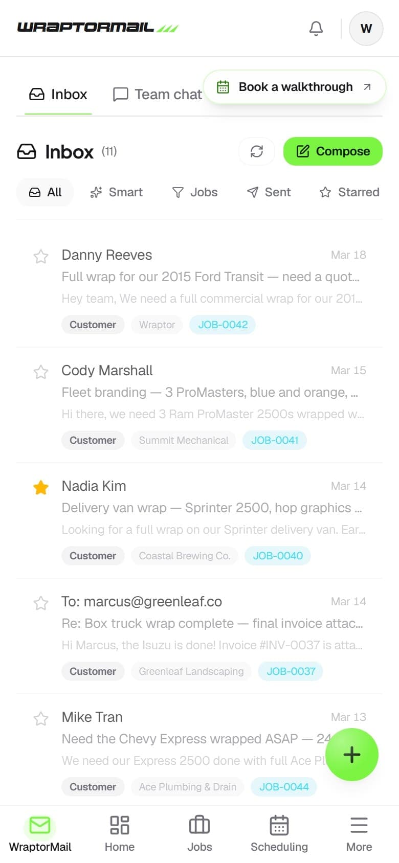 WraptorMail shared inbox showing AI-tagged emails for a fleet inquiry, customer reply, and vendor shipment (mobile)