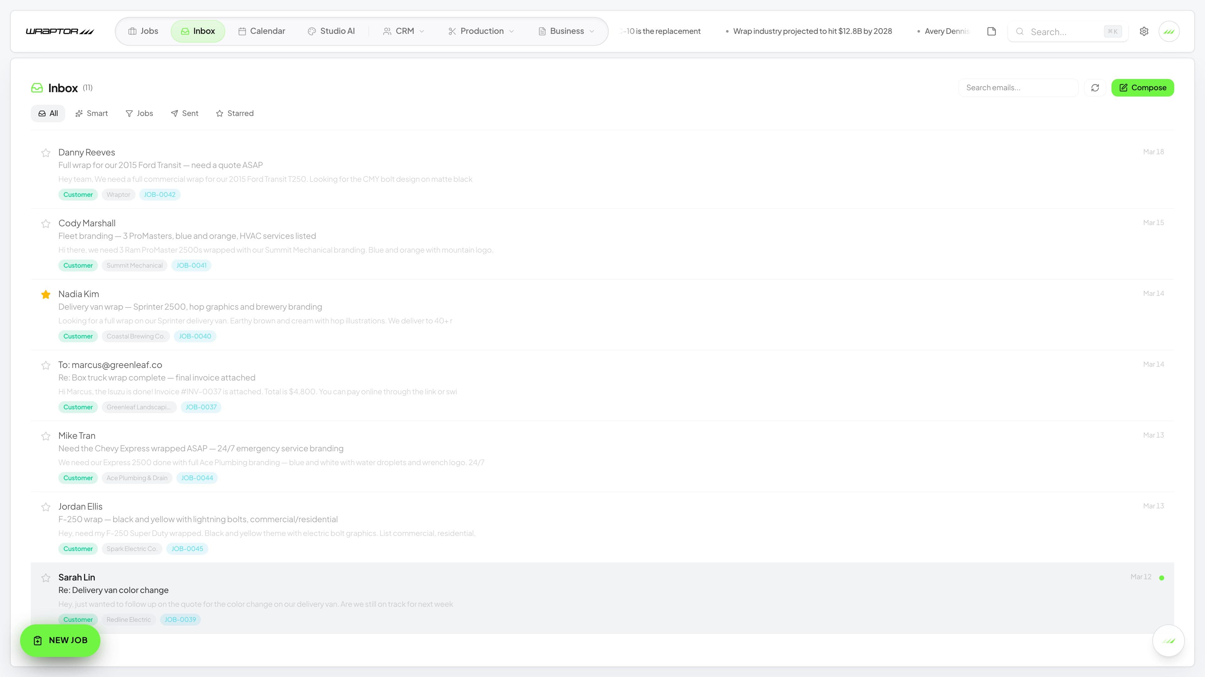 Wraptor inbox showing AI-detected leads and customer emails
