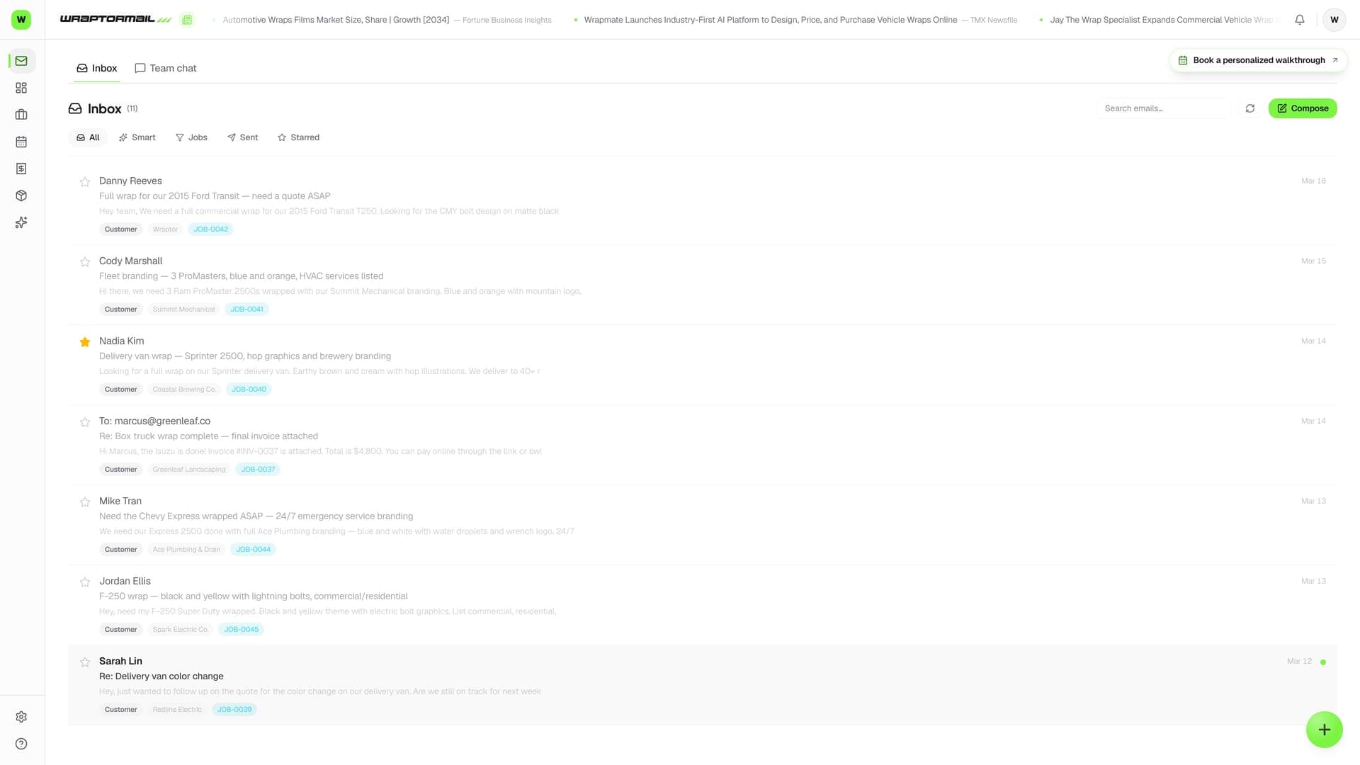 WraptorMail shared inbox showing AI-tagged emails for a fleet inquiry, customer reply, and vendor shipment