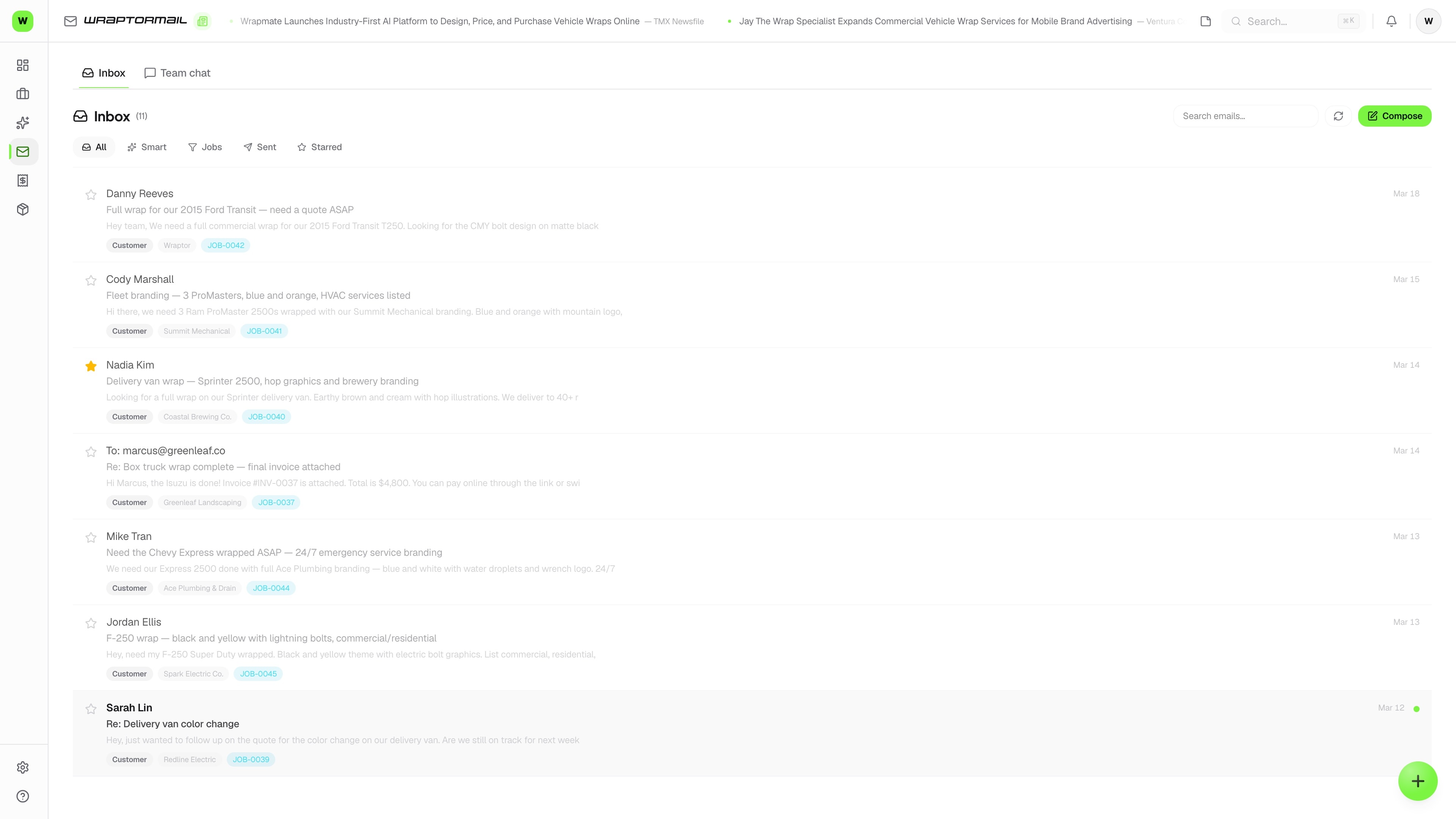 Customer wrap requests landing in the inbox, tagged and linked to jobs