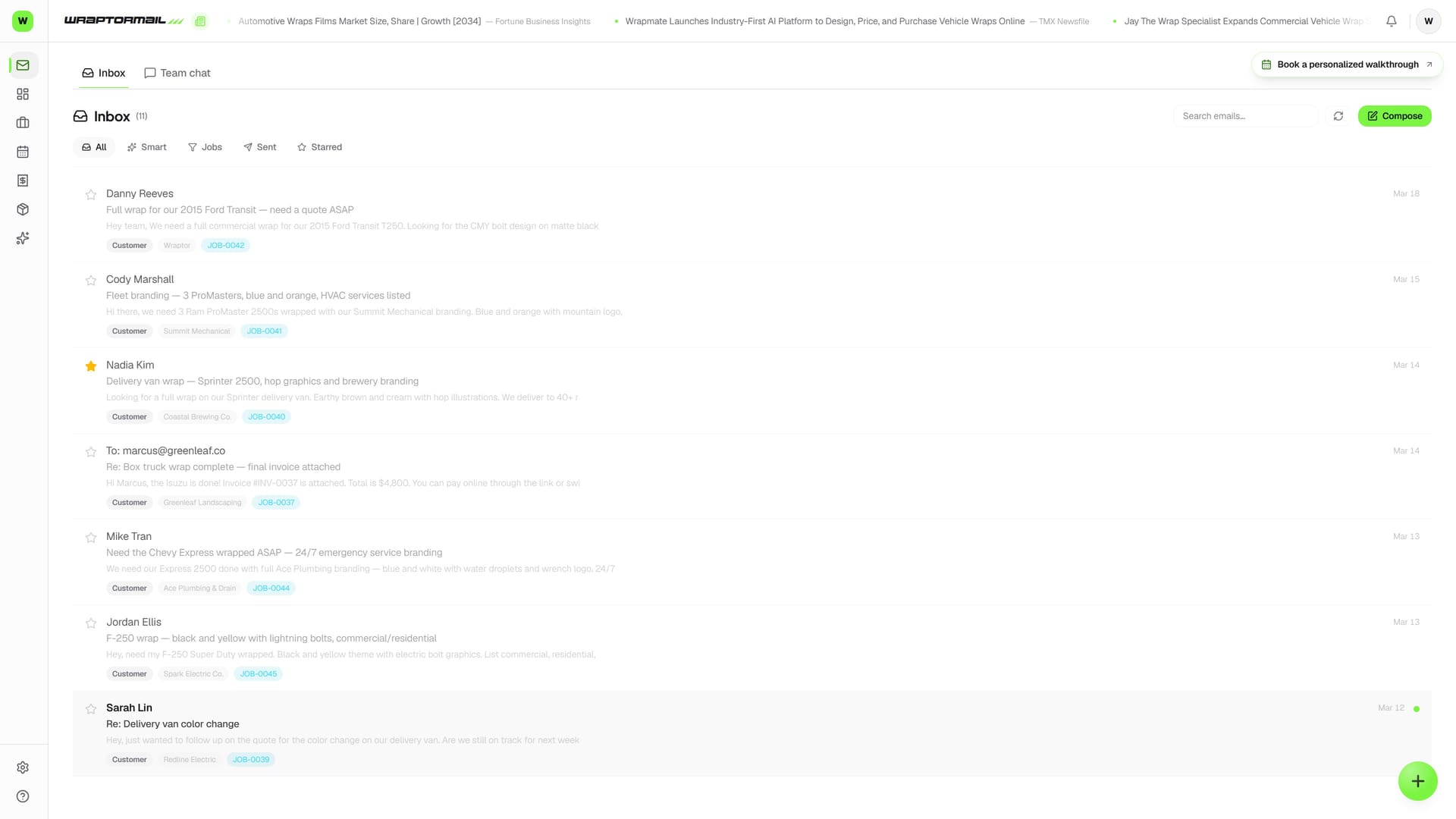 Customer wrap requests landing in the inbox, tagged and linked to jobs