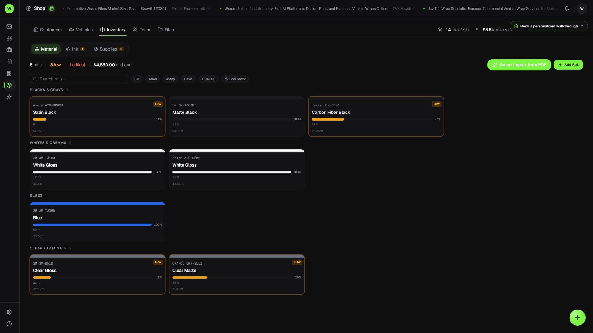 Wraptor inventory screen showing vinyl rolls by brand, color, and remaining footage (dark mode)