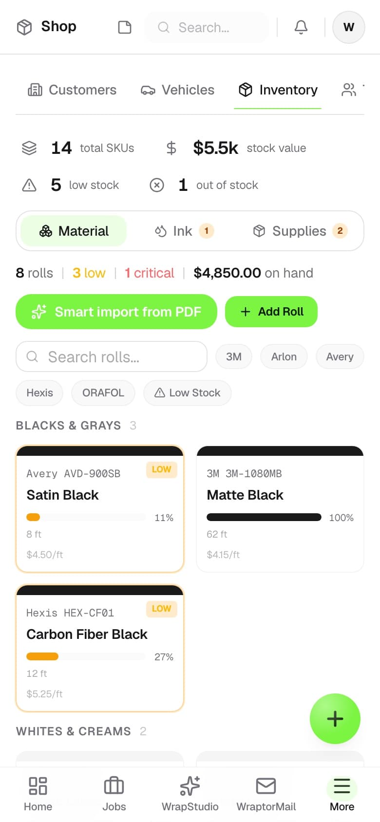Wraptor inventory screen showing vinyl rolls by brand, color, and remaining footage (mobile)