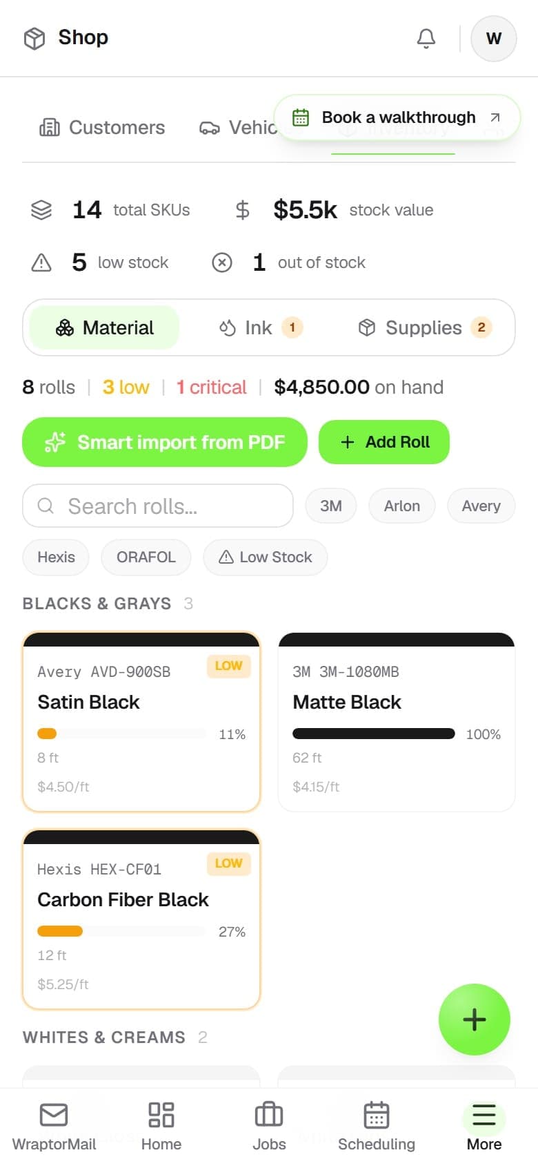Wraptor inventory screen showing vinyl rolls by brand, color, and remaining footage (mobile)