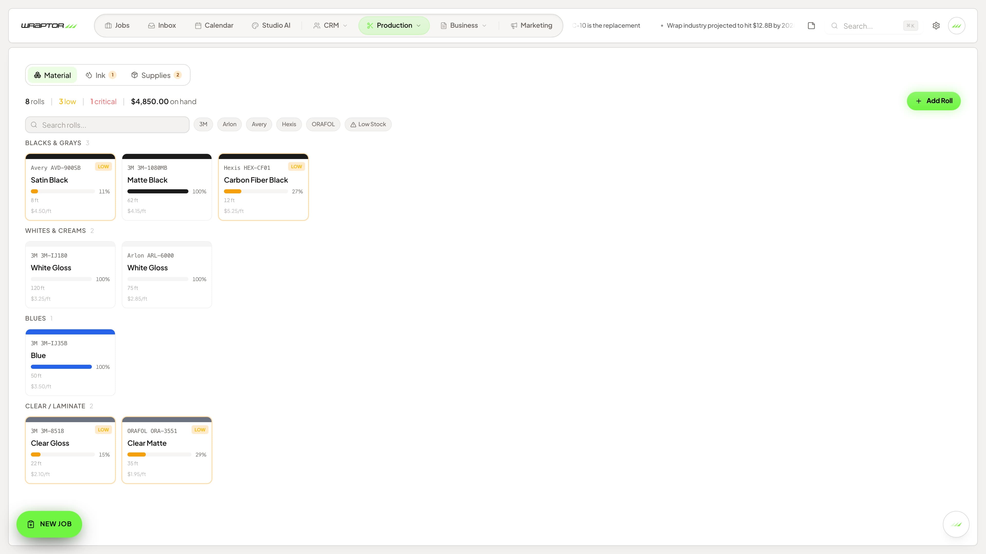 Wraptor Colors screen showing shop palette swatches with hex, CMYK, and Pantone values