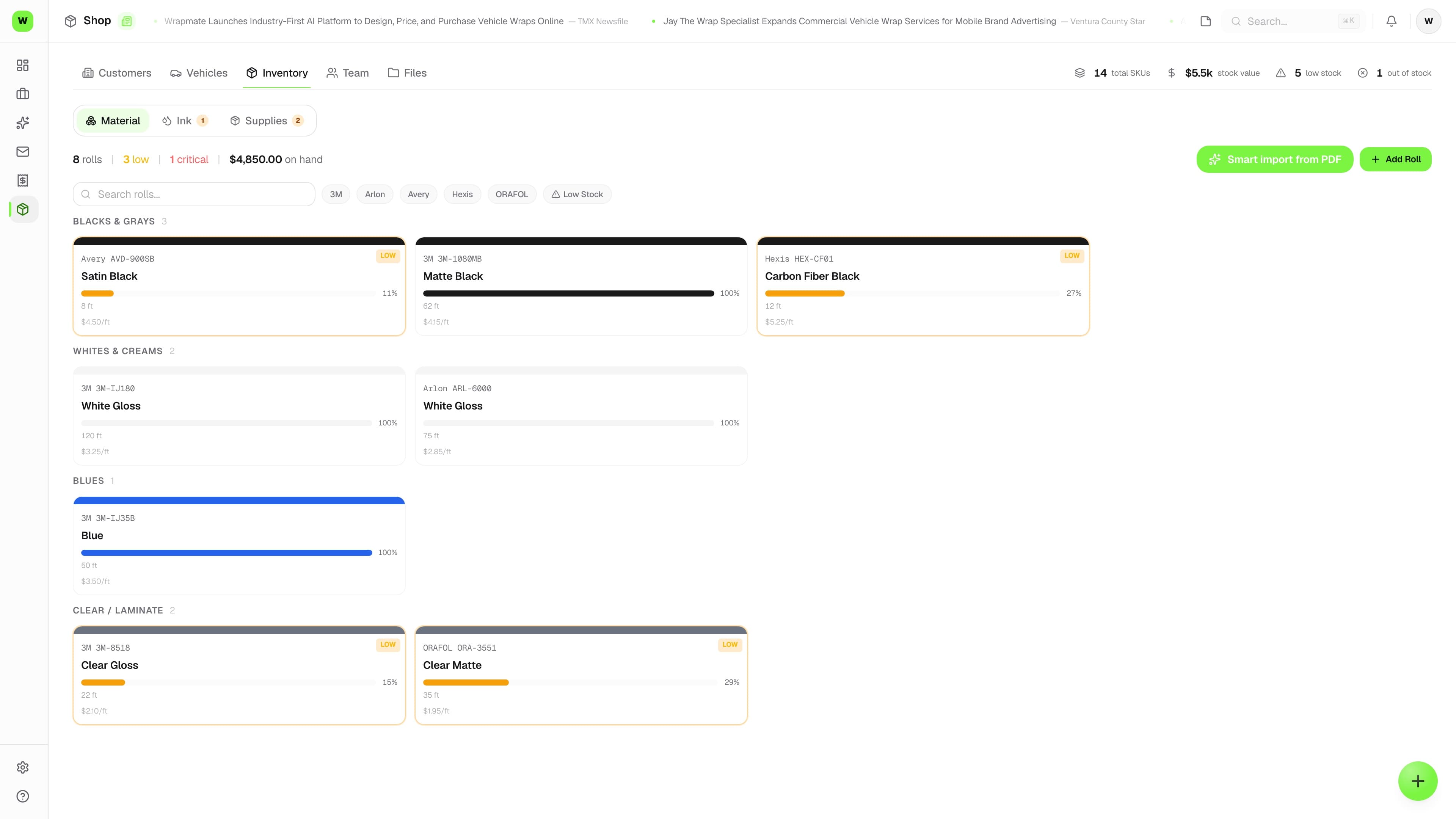 Wraptor Colors screen showing shop palette swatches with hex, CMYK, and Pantone values