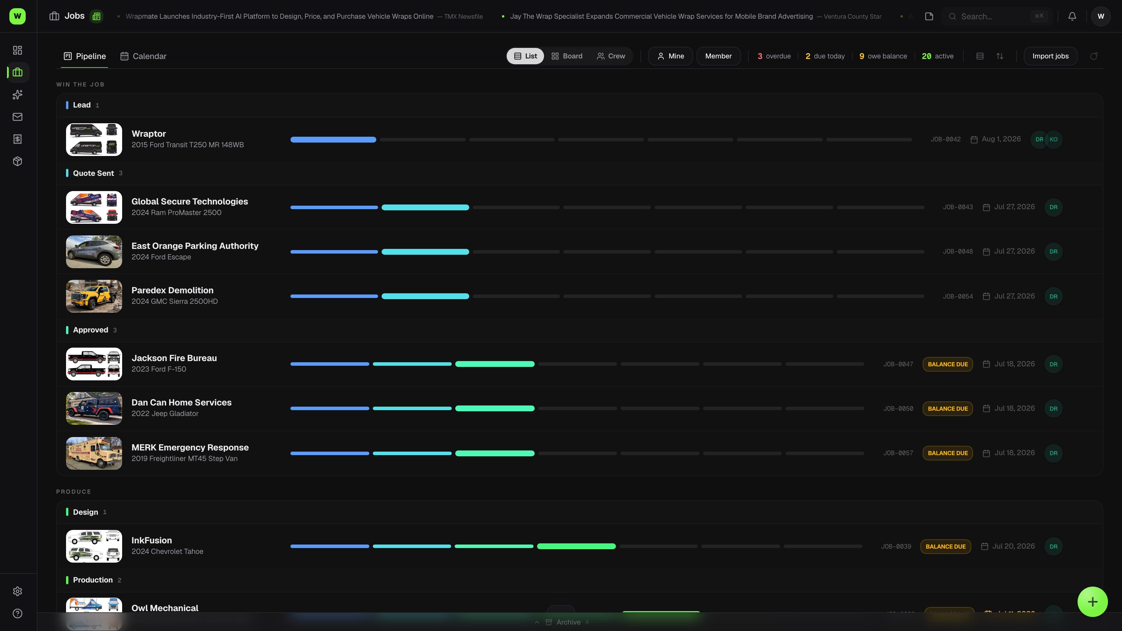 Wraptor job board with wrap, PPF, and color-change jobs (dark mode)