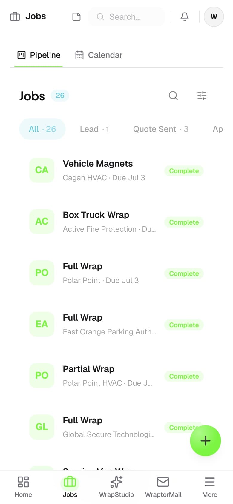 Wraptor job board with wrap, PPF, and color-change jobs (mobile)