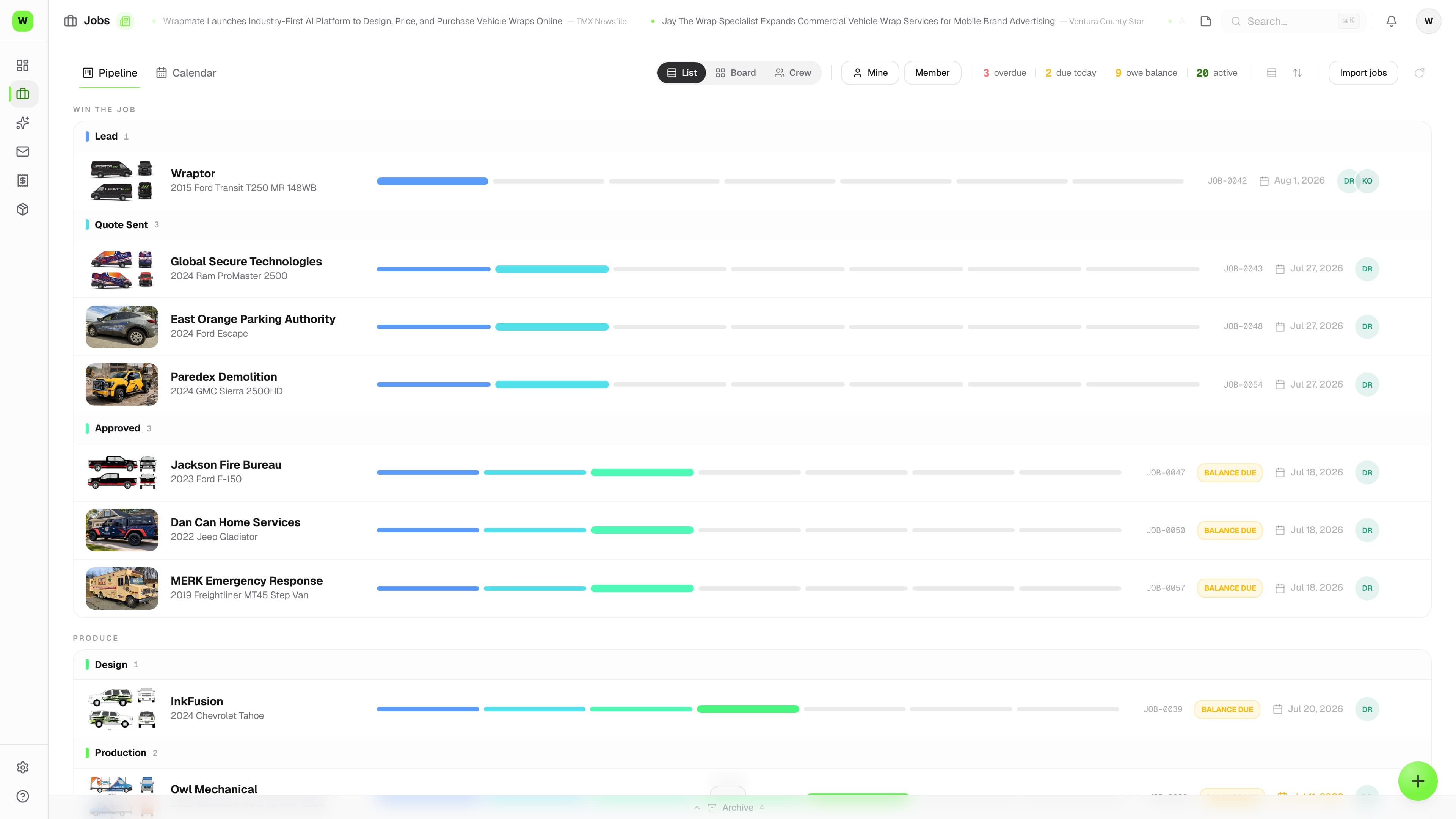 Wraptor job board with wrap, PPF, and color-change jobs