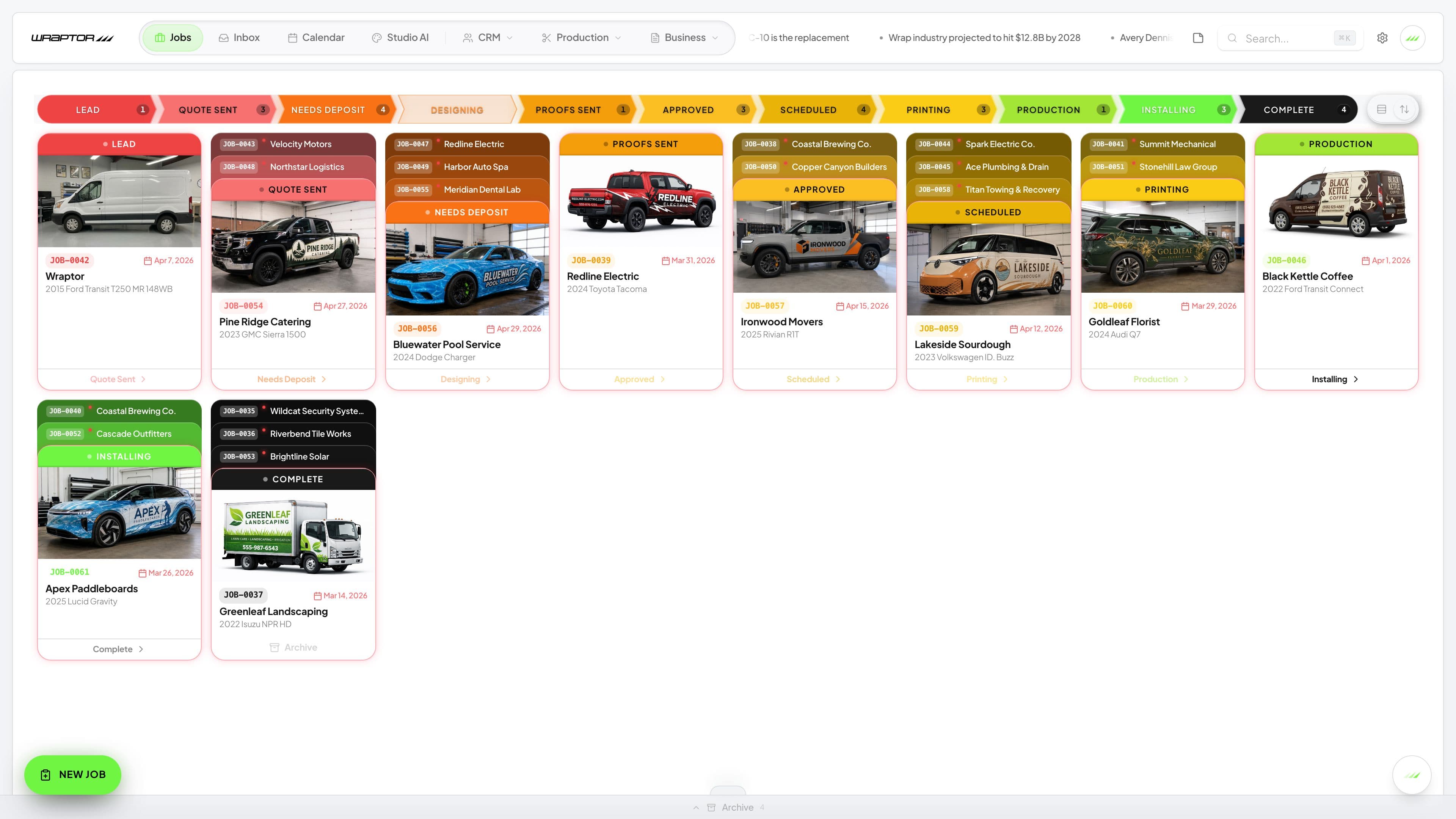 Wraptor job board — kanban view of wrap, PPF, and color-change jobs