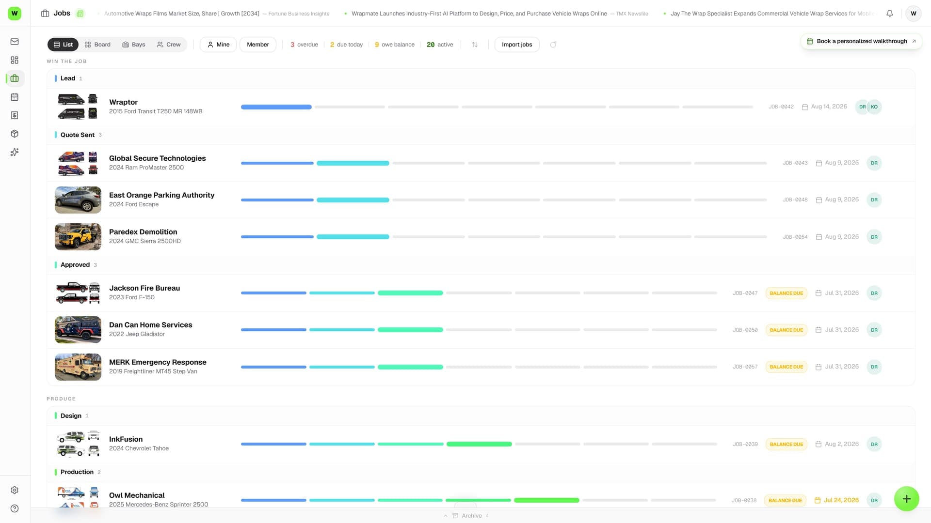 Wraptor job board with wrap, PPF, and color-change jobs