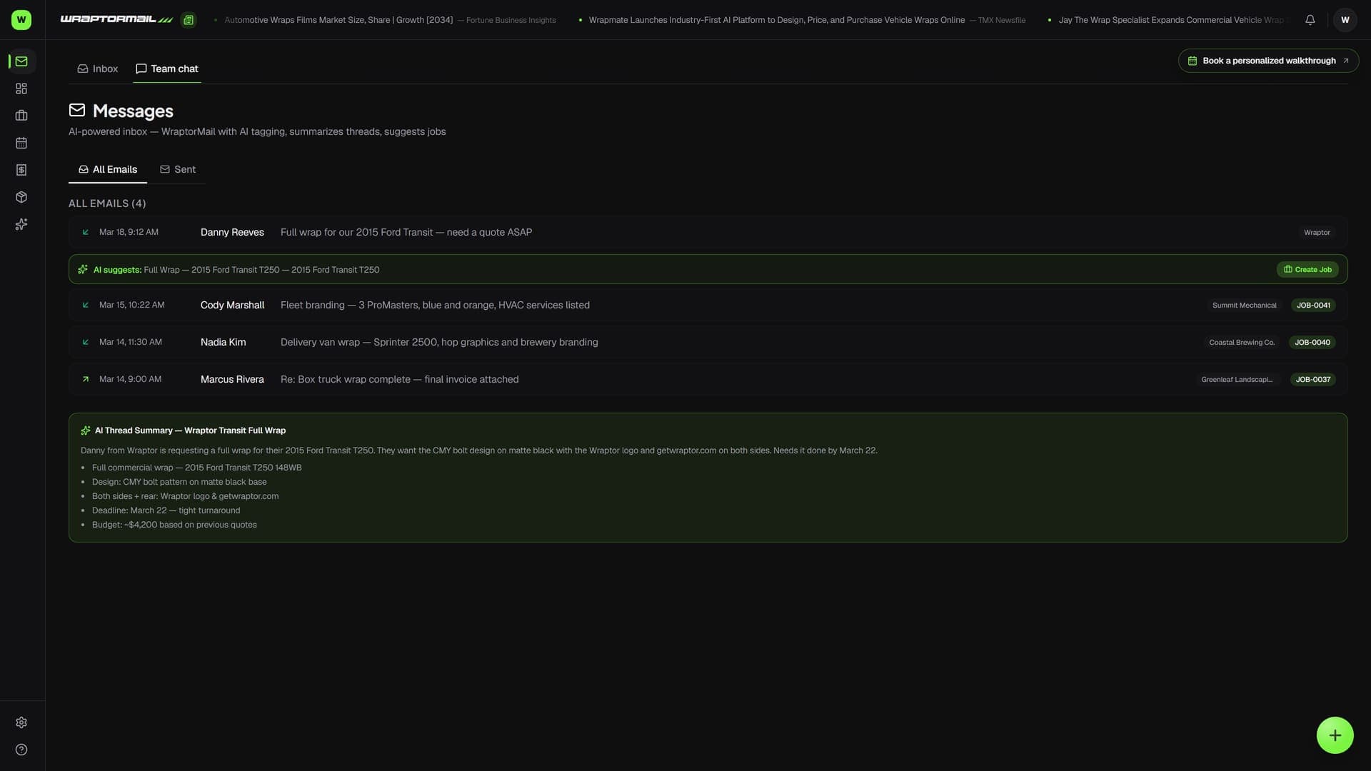Wraptor Messages page showing an email thread linked to a customer and job, with team chat channels (dark mode)