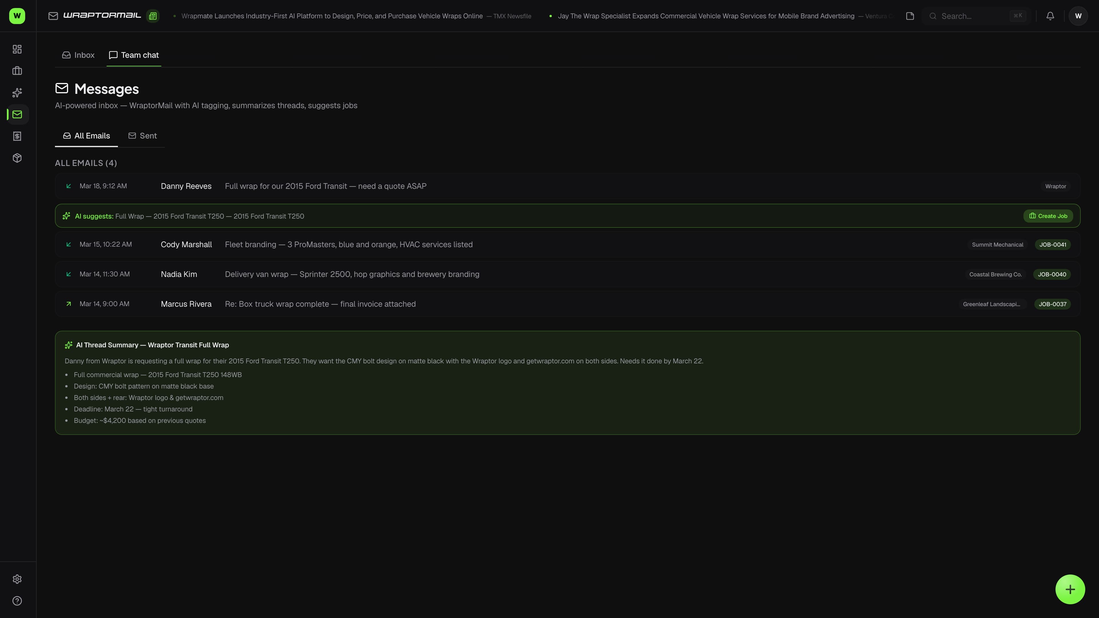 Wraptor Messages page showing an email thread linked to a customer and job, with team chat channels (dark mode)