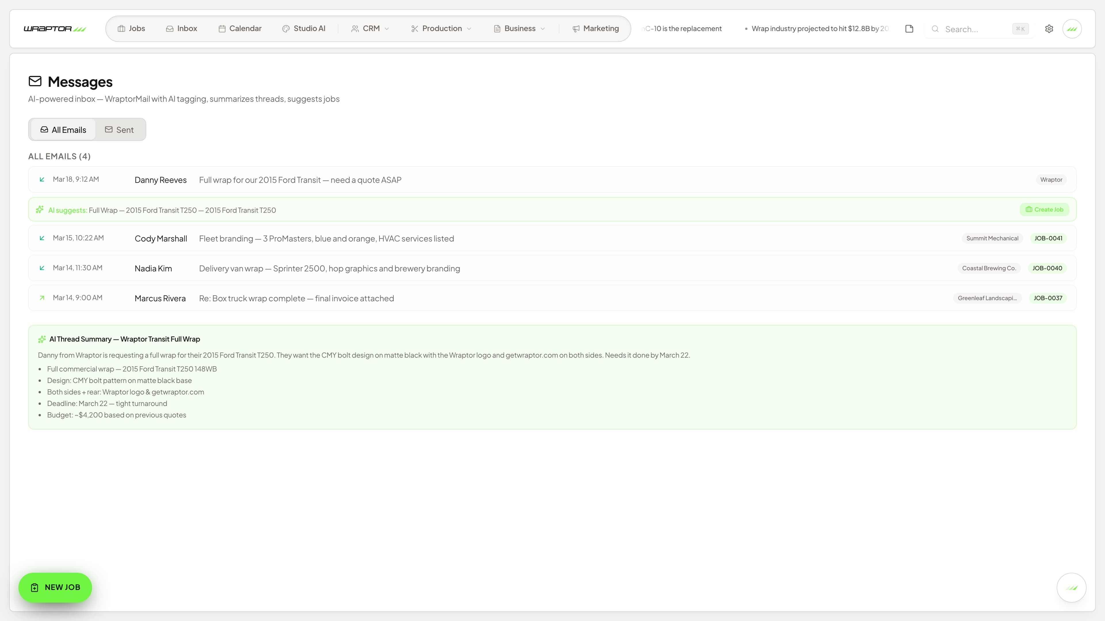 Wraptor Messages page showing an email thread linked to a customer and job, with team chat channels