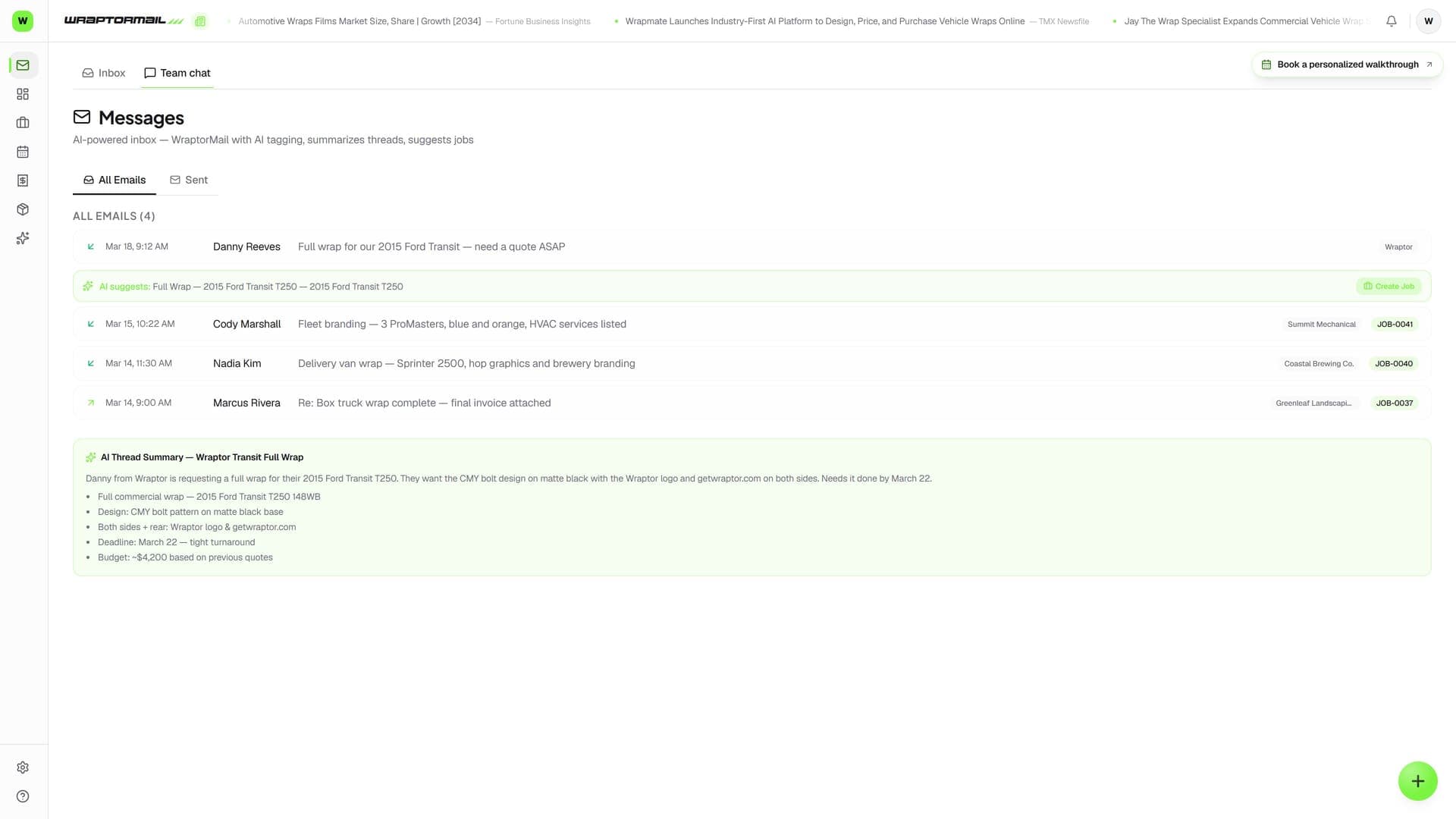 Wraptor Messages page showing an email thread linked to a customer and job, with team chat channels
