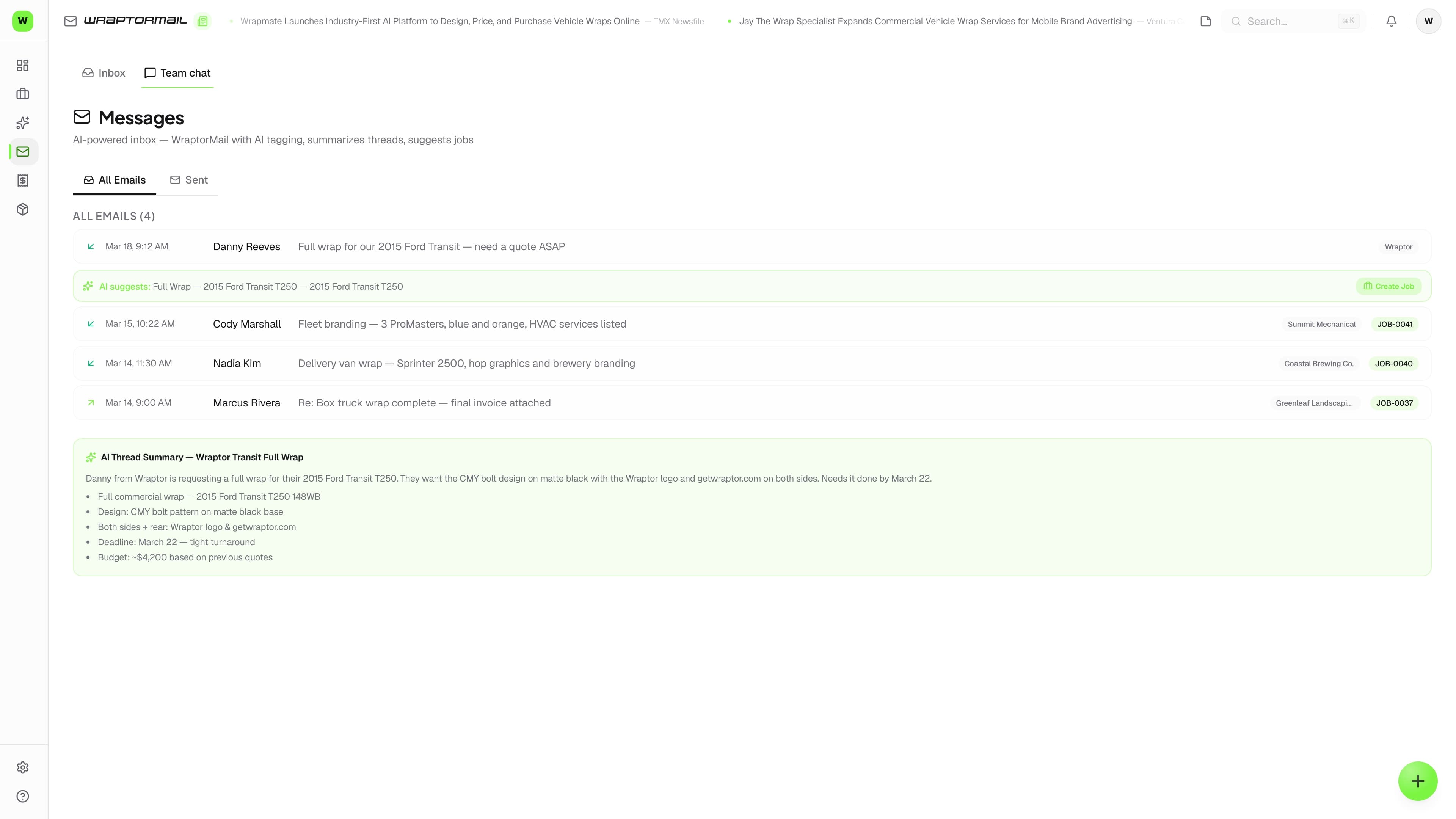 Wraptor Messages page showing an email thread linked to a customer and job, with team chat channels