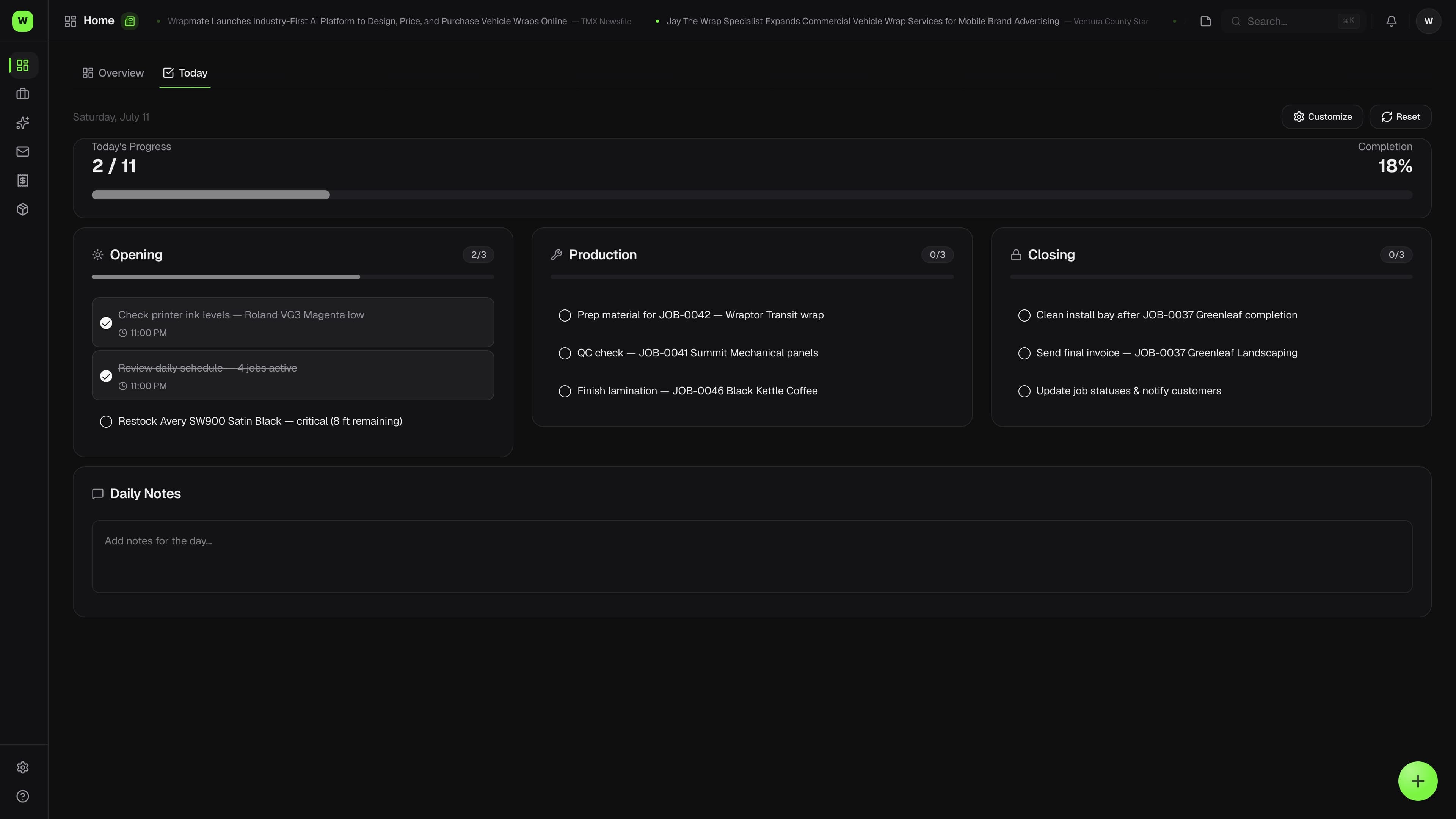 Wraptor Daily Ops screen showing Opening, Production, and Closing checklists with progress bars (dark mode)